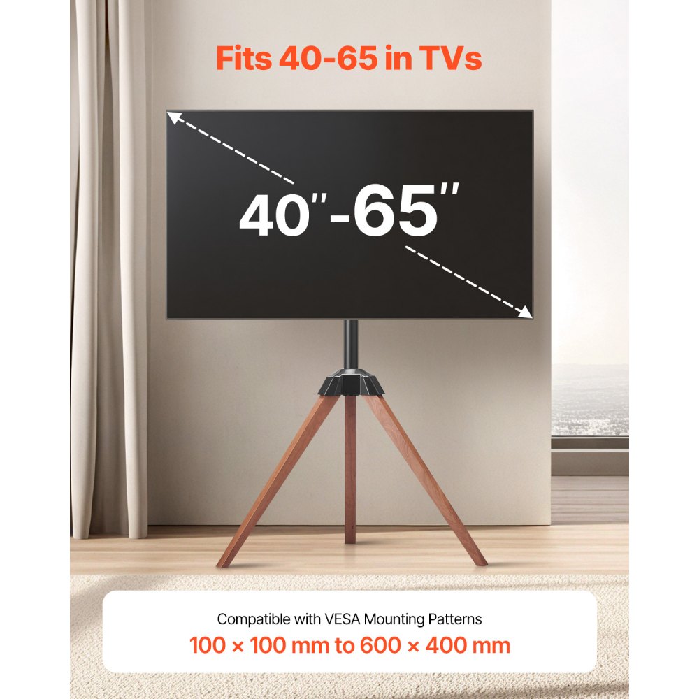 Stojak pod telewizor VEVOR ze statywem do telewizorów płaskich i zakrzywionych o przekątnej 1016–1651 mm i wadze do 45 kg, obrót w lewo i prawo o 18°, przenośny stojak pod telewizor z drewnianymi nogami do sypialni, salonu, studia