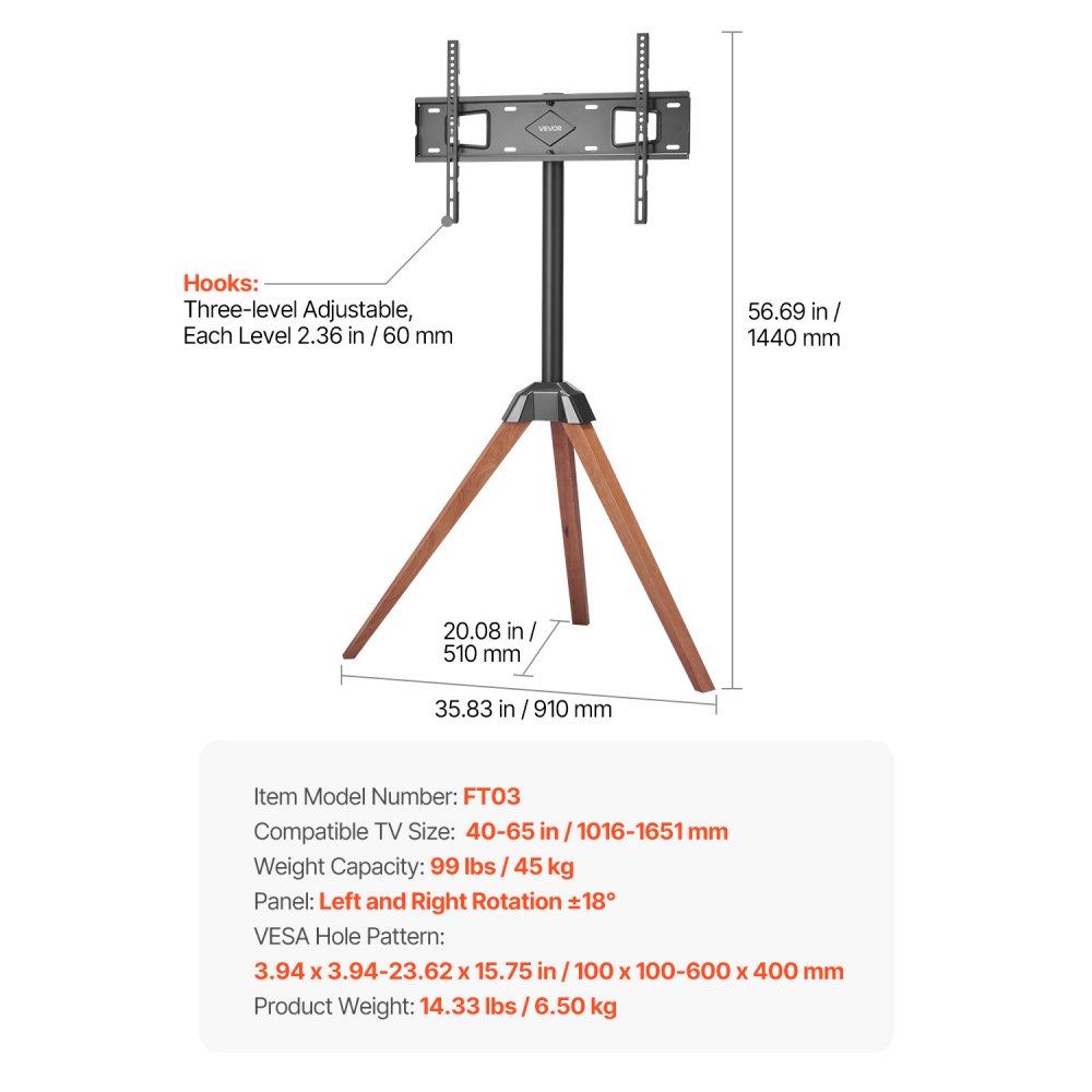Stojak pod telewizor VEVOR ze statywem do telewizorów płaskich i zakrzywionych o przekątnej 1016–1651 mm i wadze do 45 kg, obrót w lewo i prawo o 18°, przenośny stojak pod telewizor z drewnianymi nogami do sypialni, salonu, studia