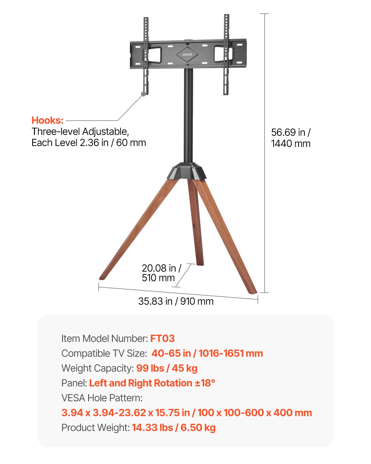 Stojak pod telewizor VEVOR ze statywem do telewizorów płaskich i zakrzywionych o przekątnej 1016–1651 mm i wadze do 45 kg, obrót w lewo i prawo o 18°, przenośny stojak pod telewizor z drewnianymi nogami do sypialni, salonu, studia