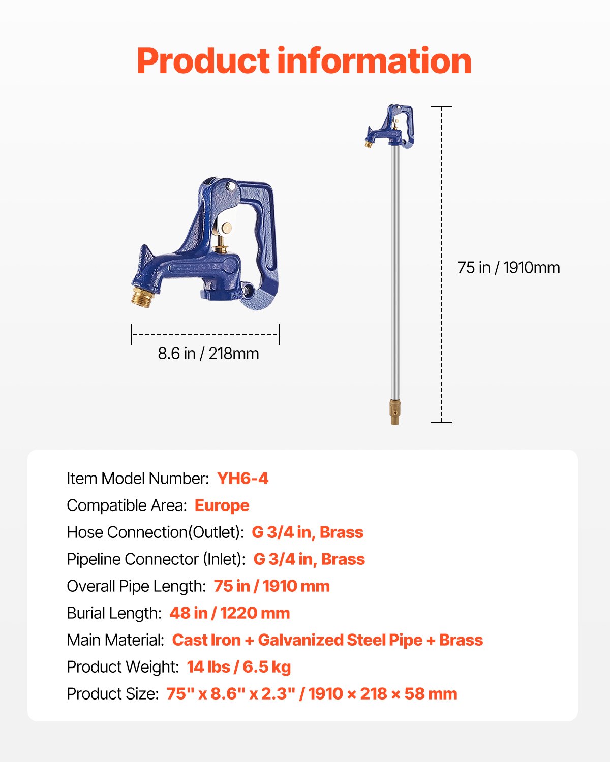 Hydrant ogrodowy VEVOR odporny na mróz, kran zewnętrzny o długości 190 cm z głębokością zakopania 122 cm, przyłączem rurowym G 3/4 cala i złączką węża G 3/4 cala, żeliwny hydrant do nawadniania podwórka, ogrodu i gospodarstwa rolnego