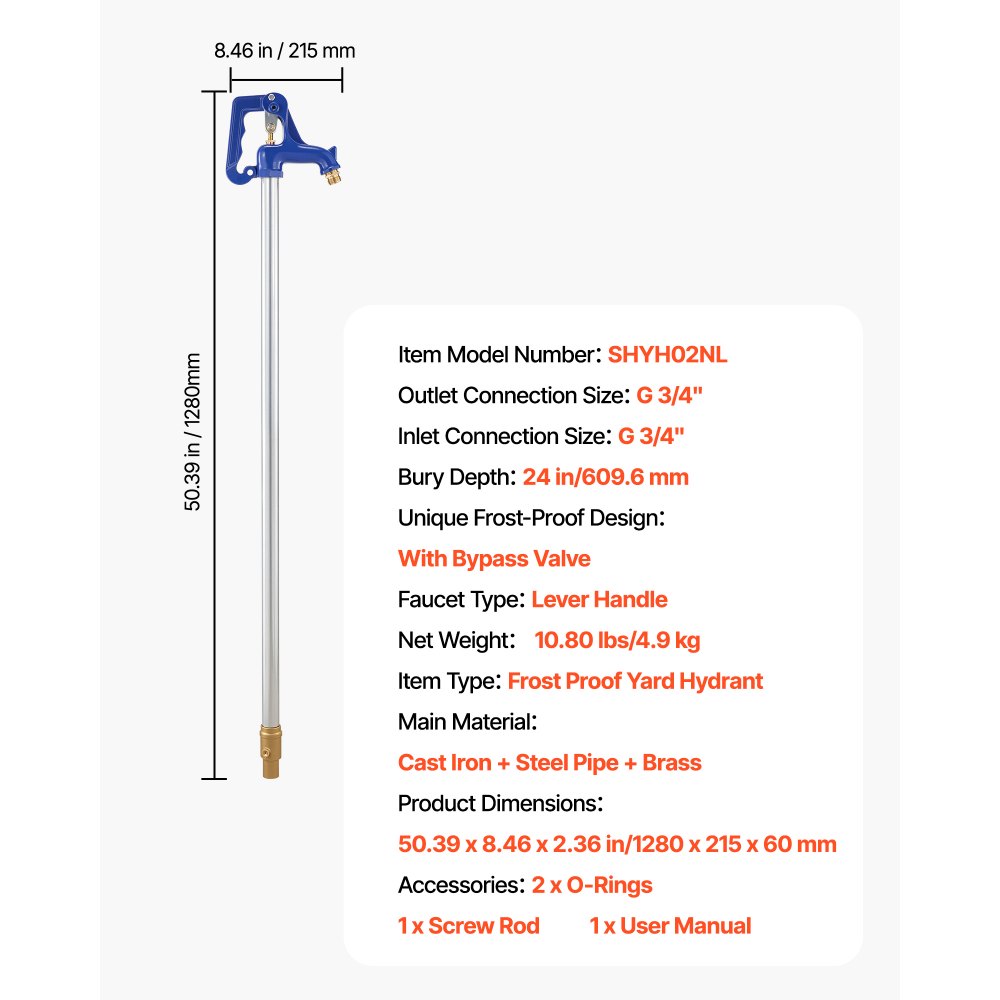 Hydrant ogrodowy VEVOR odporny na mróz, 1280 mm, kran zewnętrzny o głębokości zakopania 609,6 mm, przyłącze rurowe G 3/4 cala i złączka do węża, hydrant bezołowiowy do nawadniania ogrodu i gospodarstwa