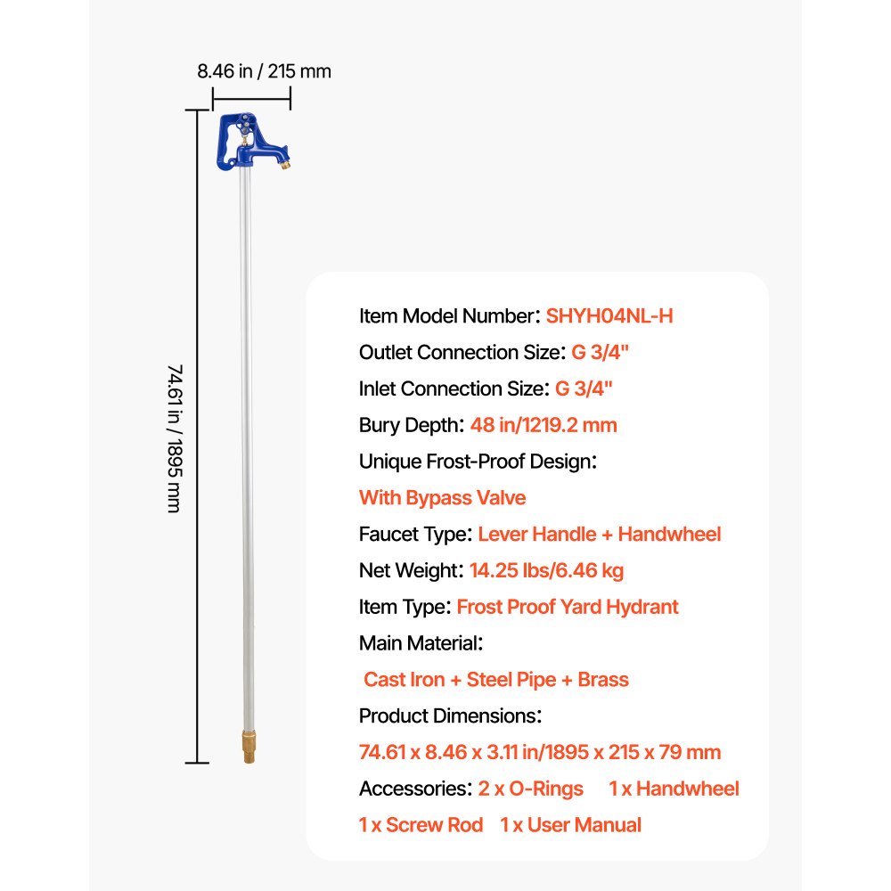 Hydrant ogrodowy VEVOR odporny na mróz, 1895 mm, kran zewnętrzny o głębokości zakopania 1219,2 mm, przyłącze rurowe G 3/4 cala, dźwignia + pokrętło, hydrant ogrodowy bez ołowiu do nawadniania ogrodu i gospodarstwa