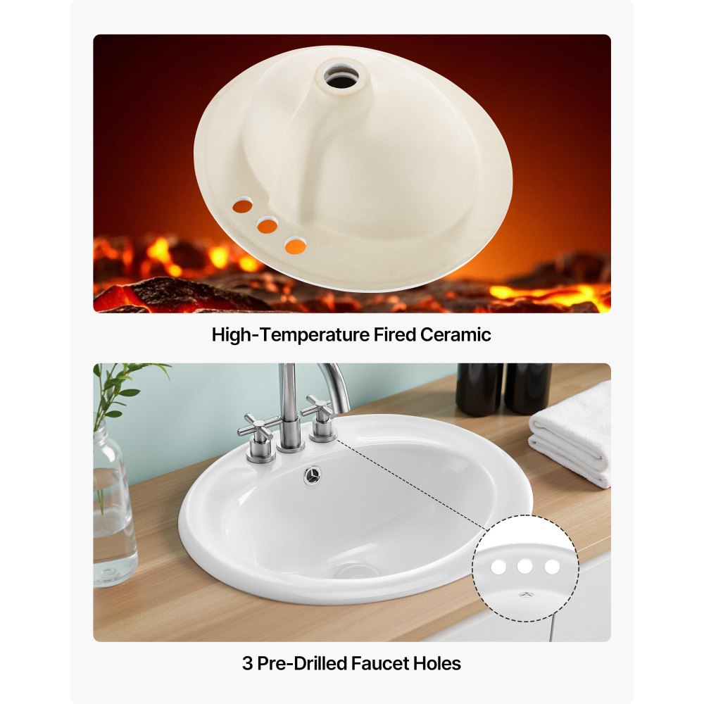 VEVOR Semi Recessed Bathroom Sink, 485 x 425 mm Oval White Ceramic Vessel Sink with Overflow Hole and 3 Faucet Holes, Drop in Modern Lavatory Vanity Bath Wash Bowl Basin for Bathroom Small Spaces