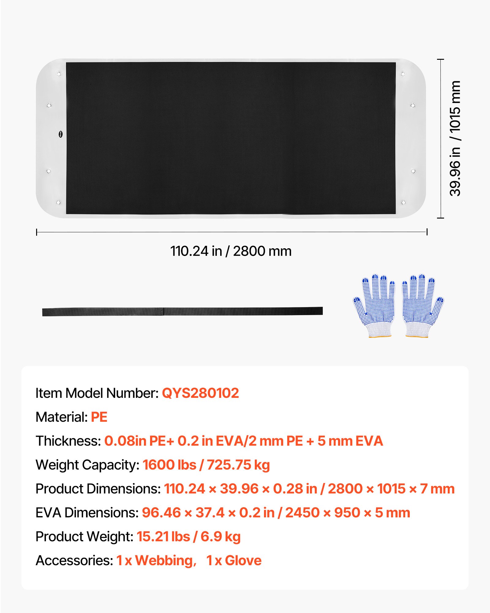 Sanie VEVOR Deer, 2800 x 1015 mm, sanie wielofunkcyjne PE, ładowność 725,75 kg, ciągnione ręcznie, kompatybilne z ciągnikiem ATV UTV, mata transportowa do ogrodu, wędkarstwa podlodowego, drewno
