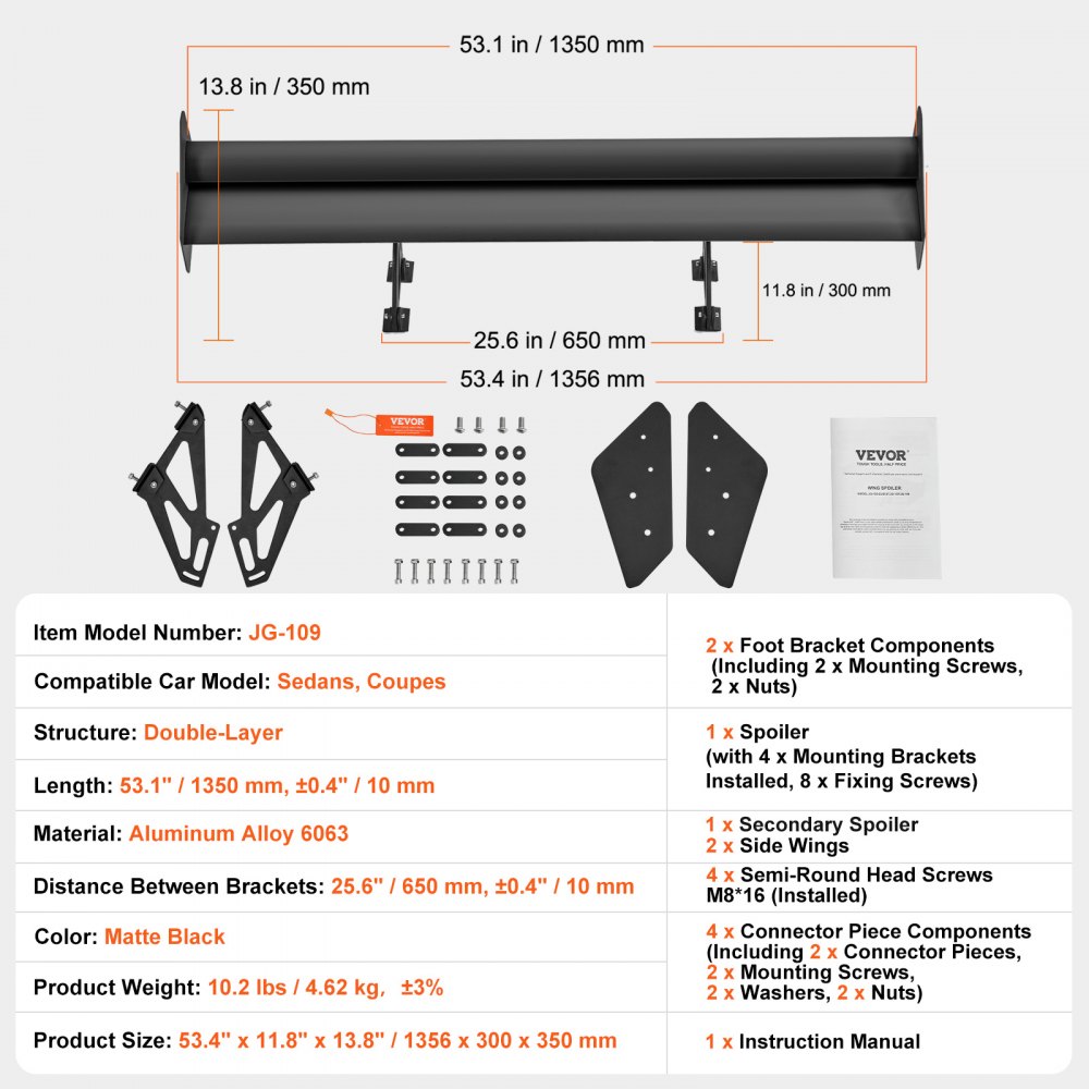 Spojler samochodowy VEVOR GT Wing, uniwersalny spojler 53,1 cala z podwójnym pokładem, regulowany, lekki, aluminiowy, tylny spojler samochodowy, spojler wyścigowy BGW/JDM Drift Black