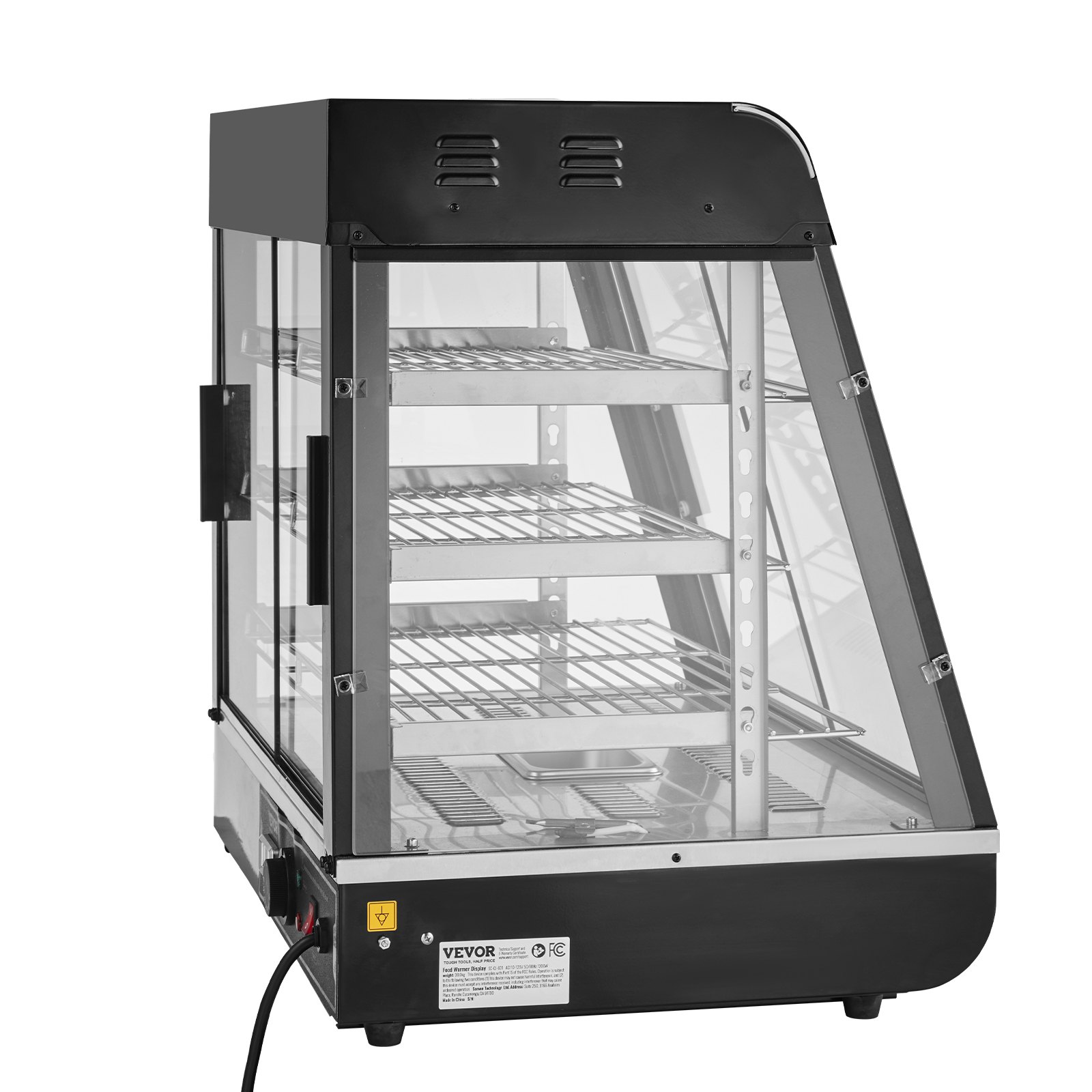VEVOR 3-poziomowy podgrzewacz do żywności komercyjnej, 1200 W, z oświetleniem, regulowaną półką i wyświetlaczem temperatury, podgrzewanie parowe 30–85°C, 111 l do hamburgerów, pizzy, chleba i smażonego kurczaka