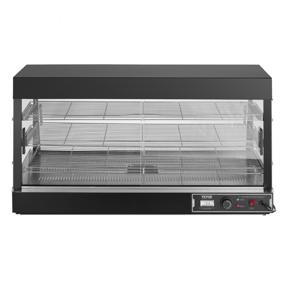 VEVOR 3-poziomowy podgrzewacz do żywności komercyjnej, 1500 W, z oświetleniem, regulowaną półką i wyświetlaczem temperatury, podgrzewanie parowe 30–85°C, 180 l do hamburgerów, pizzy, chleba i smażonego kurczaka
