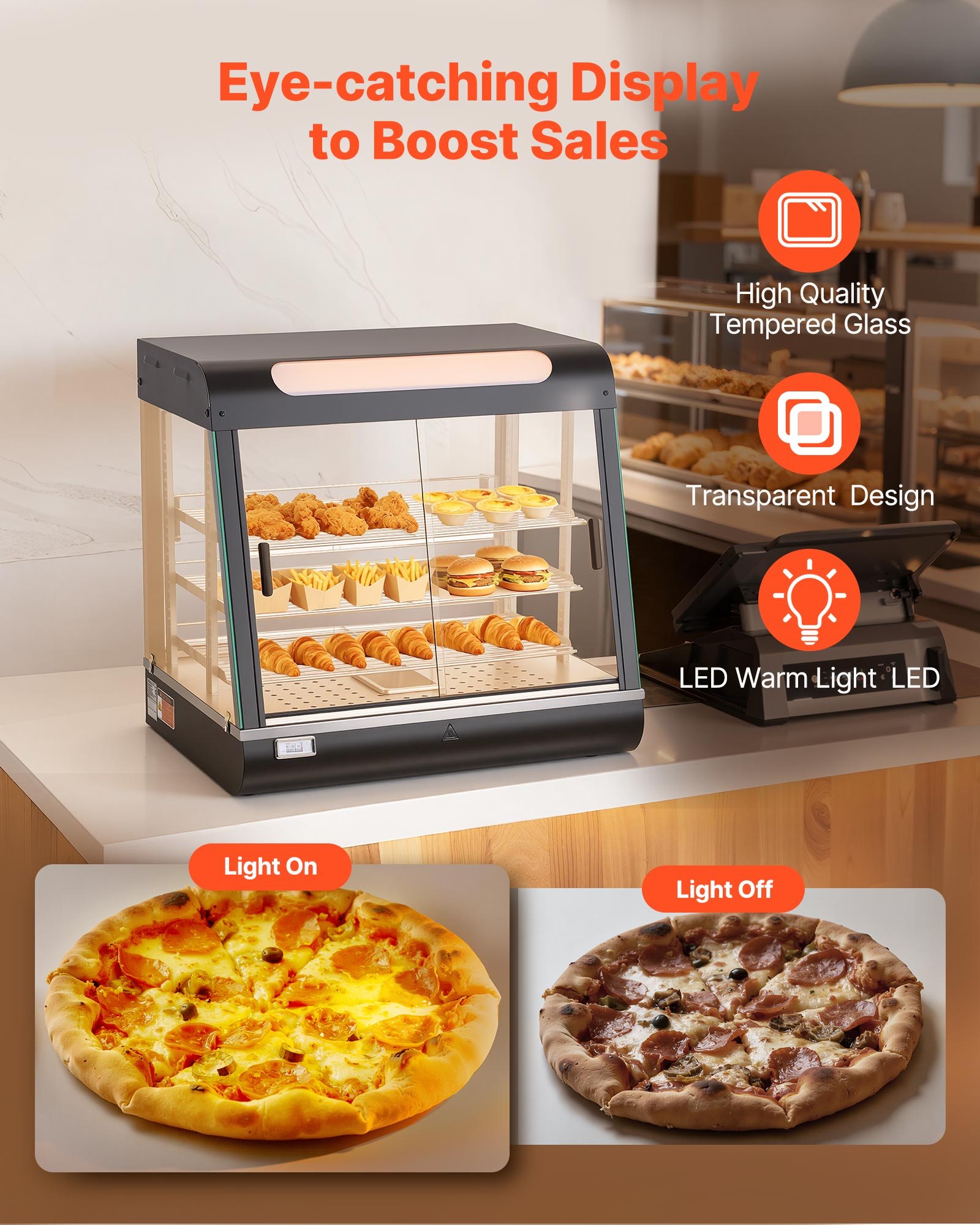 VEVOR 3-poziomowa witryna grzewcza 100 l, 1200 W, witryna grzewcza 30–85 °C, podgrzewacz do żywności z oświetleniem LED i regulowanymi półkami, witryna do prezentacji hamburgerów, pizzy, pieczywa, pieczonego kurczaka