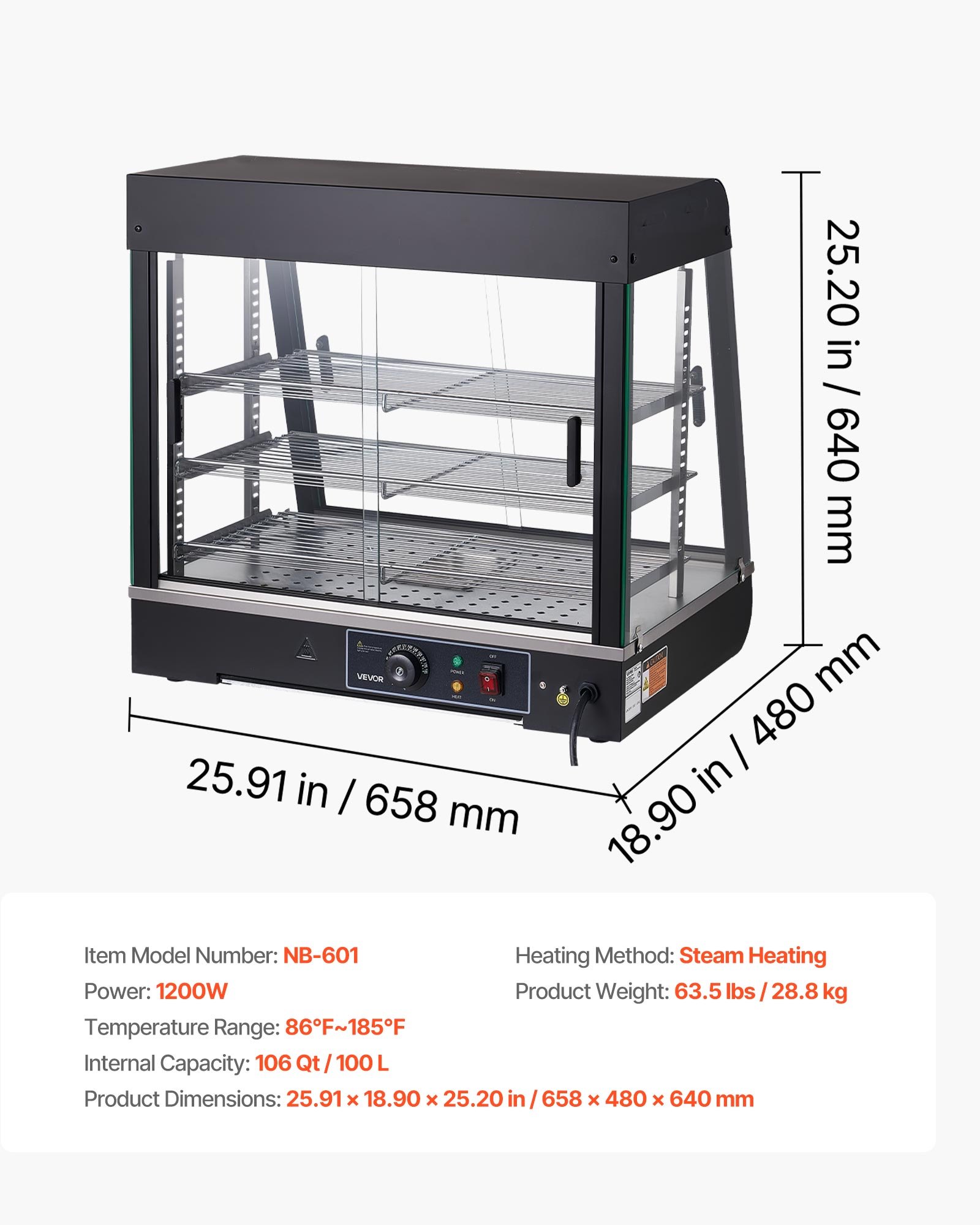 VEVOR 3-poziomowa witryna grzewcza 100 l, 1200 W, witryna grzewcza 30–85 °C, podgrzewacz do żywności z oświetleniem LED i regulowanymi półkami, witryna do prezentacji hamburgerów, pizzy, pieczywa, pieczonego kurczaka