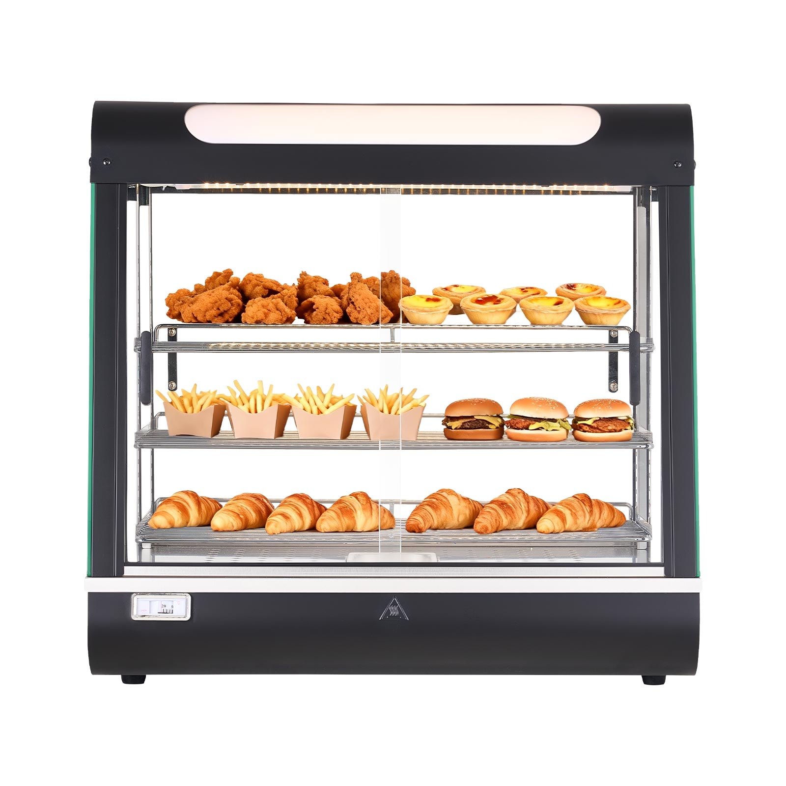 VEVOR 3-poziomowa witryna grzewcza 100 l, 1200 W, witryna grzewcza 30–85 °C, podgrzewacz do żywności z oświetleniem LED i regulowanymi półkami, witryna do prezentacji hamburgerów, pizzy, pieczywa, pieczonego kurczaka