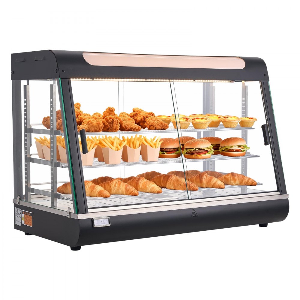 VEVOR 3-poziomowa witryna grzewcza 130 l, 1400 W, witryna grzewcza 30–85 °C, podgrzewacz do żywności z oświetleniem LED i regulowanymi półkami, witryna do prezentacji hamburgerów, pizzy, pieczywa, pieczonego kurczaka