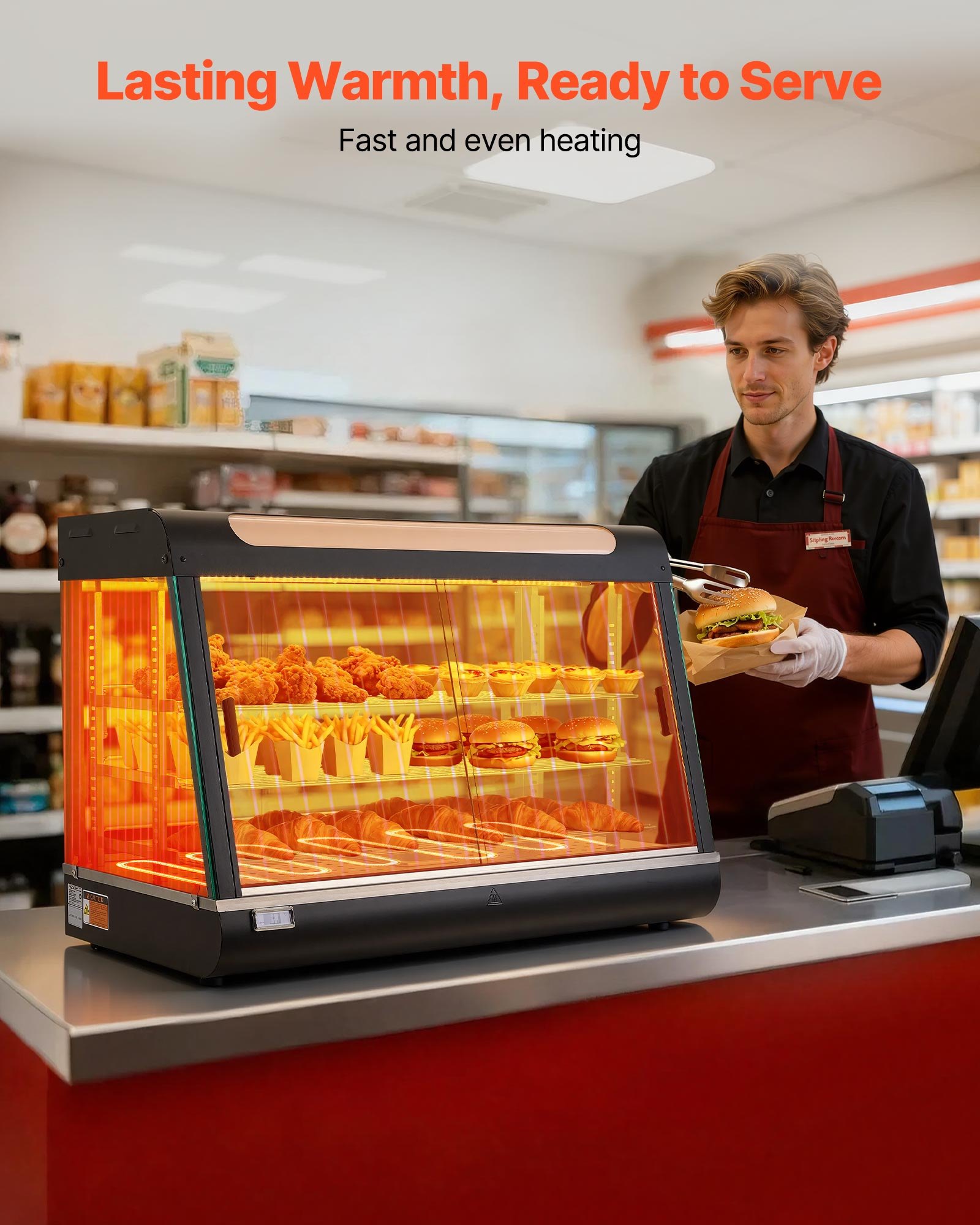 VEVOR 3-poziomowa witryna grzewcza 130 l, 1400 W, witryna grzewcza 30–85 °C, podgrzewacz do żywności z oświetleniem LED i regulowanymi półkami, witryna do prezentacji hamburgerów, pizzy, pieczywa, pieczonego kurczaka