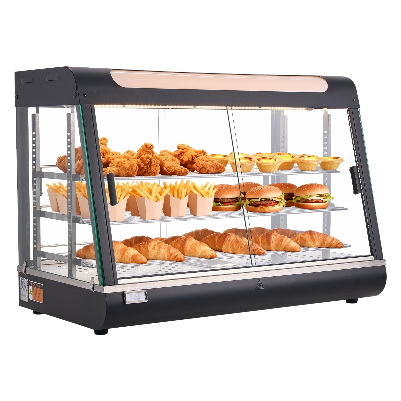 VEVOR 3-poziomowa witryna grzewcza 130 l, 1400 W, witryna grzewcza 30–85 °C, podgrzewacz do żywności z oświetleniem LED i regulowanymi półkami, witryna do prezentacji hamburgerów, pizzy, pieczywa, pieczonego kurczaka