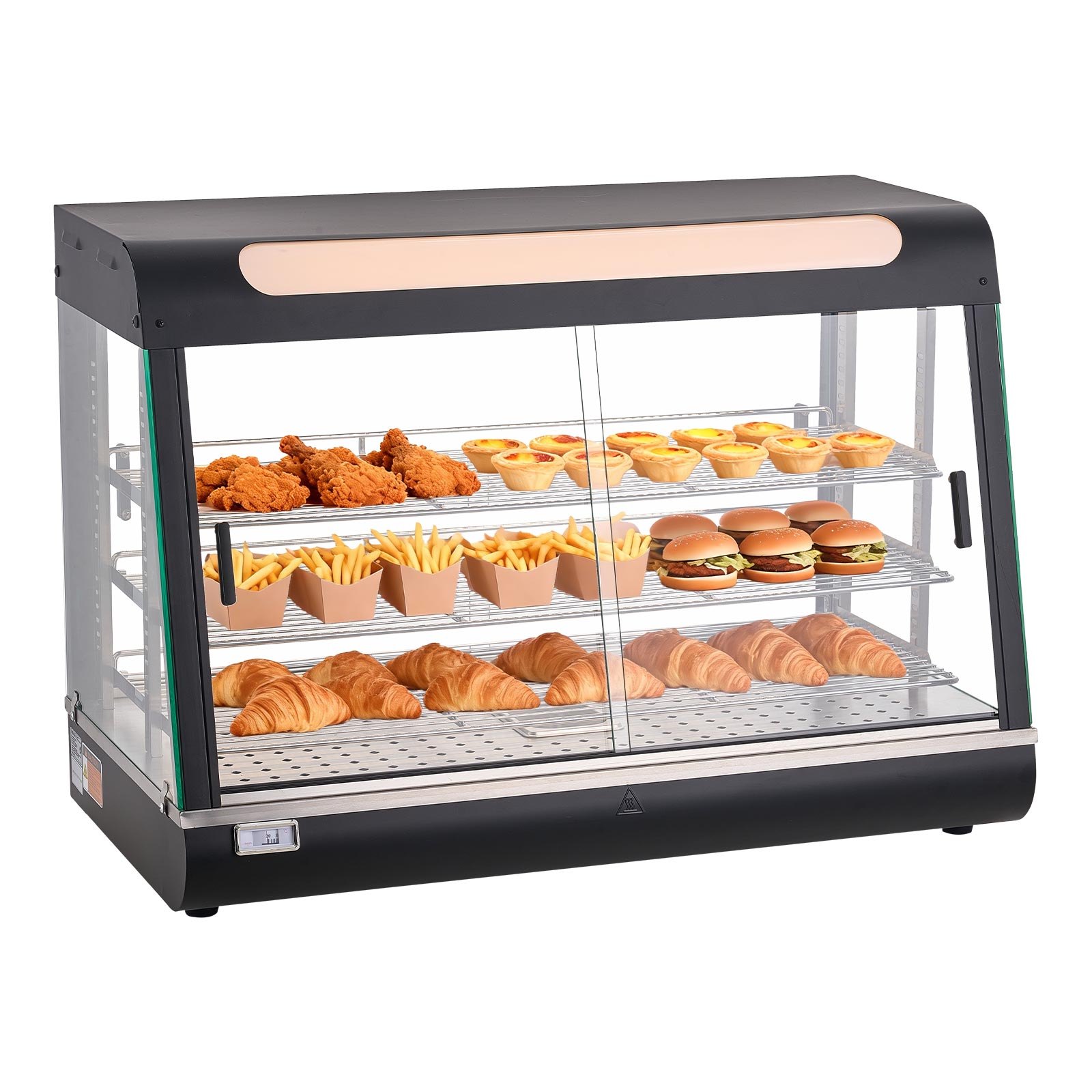 VEVOR 3-poziomowa witryna grzewcza 130 l, 1400 W, witryna grzewcza 30–85 °C, podgrzewacz do żywności z oświetleniem LED i regulowanymi półkami, witryna do prezentacji hamburgerów, pizzy, pieczywa, pieczonego kurczaka