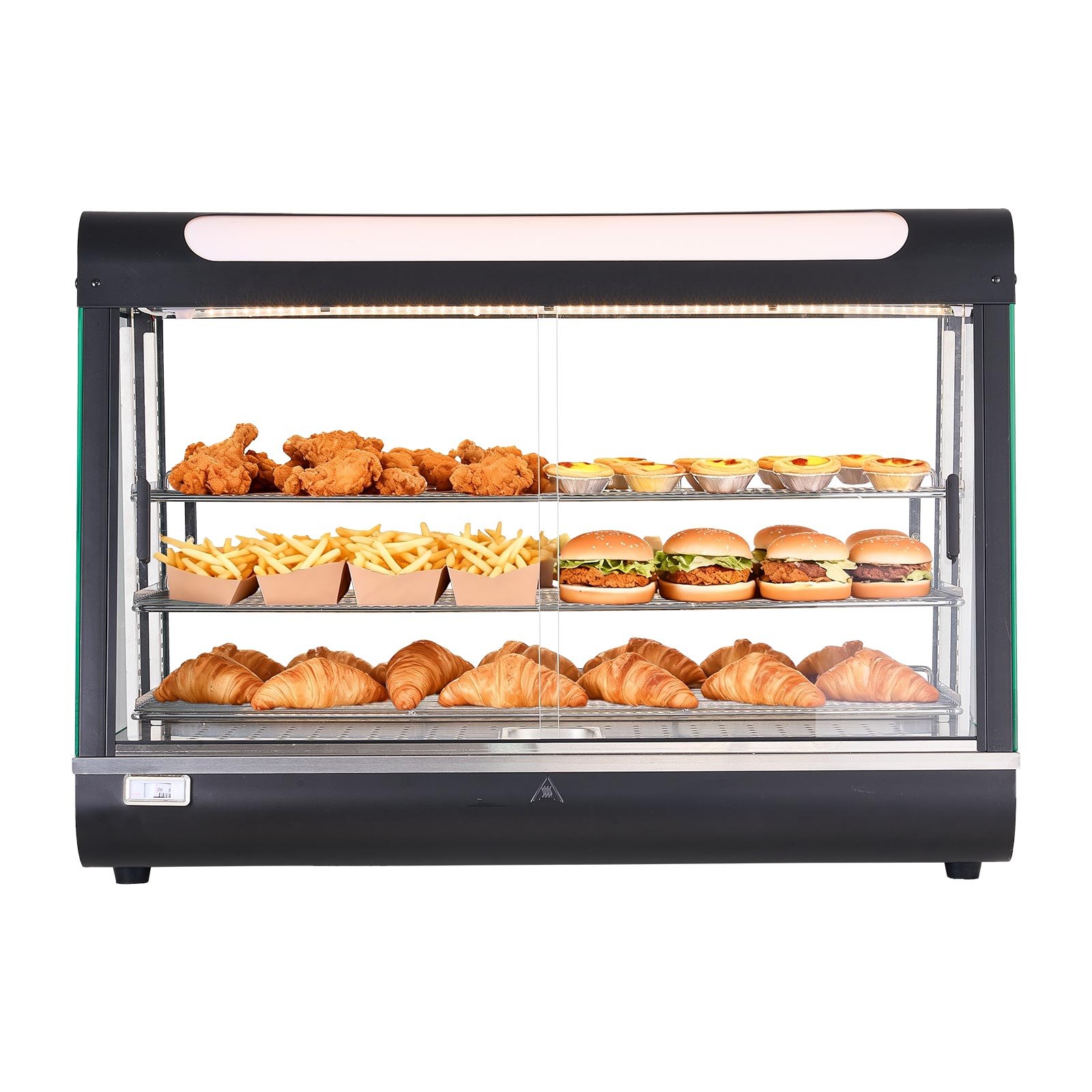 VEVOR 3-poziomowa witryna grzewcza 130 l, 1400 W, witryna grzewcza 30–85 °C, podgrzewacz do żywności z oświetleniem LED i regulowanymi półkami, witryna do prezentacji hamburgerów, pizzy, pieczywa, pieczonego kurczaka