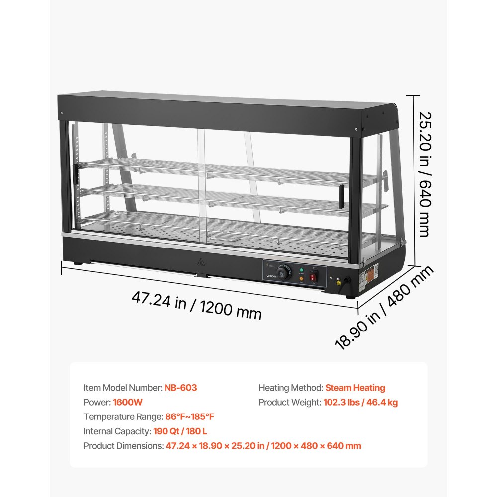 VEVOR 3-poziomowa witryna grzewcza 180 l, 1600 W, witryna grzewcza 30–85 °C, podgrzewacz do żywności z oświetleniem LED i regulowanymi półkami, witryna do prezentacji hamburgerów, pizzy, pieczywa, pieczonego kurczaka