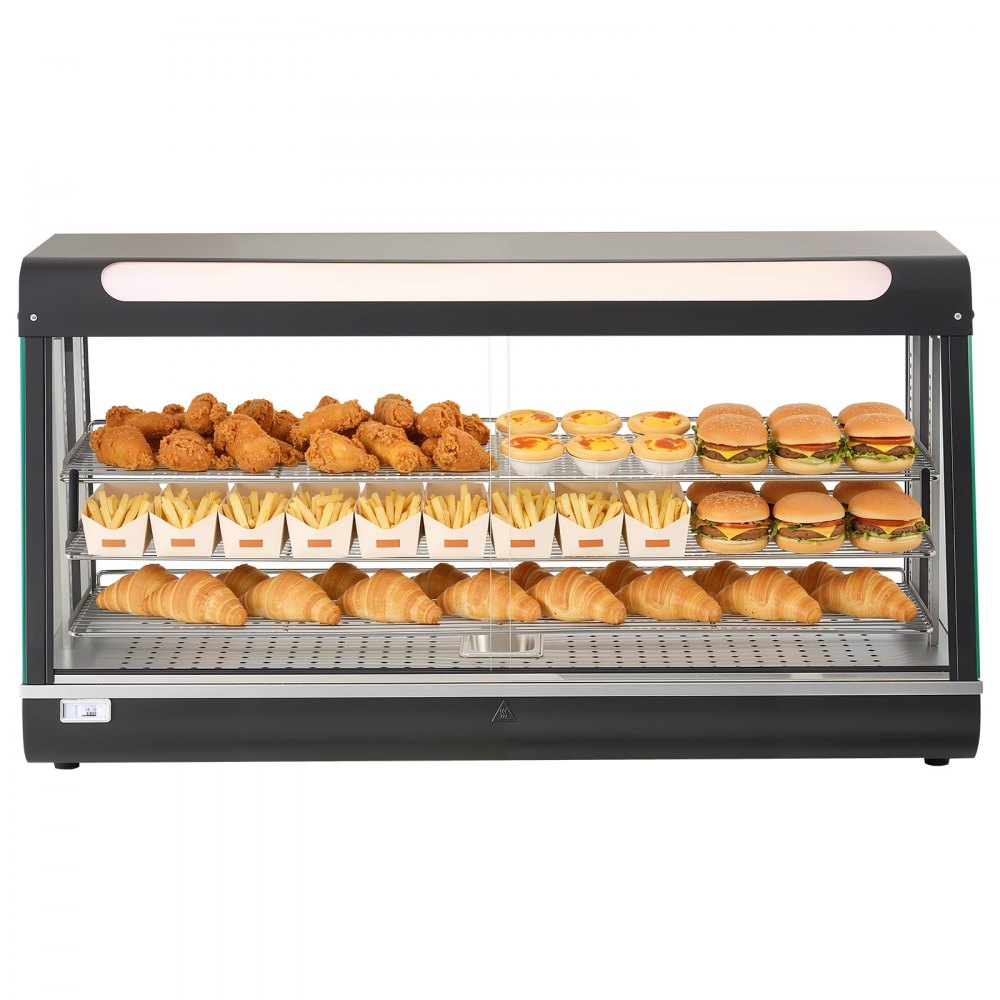 VEVOR 3-poziomowa witryna grzewcza 180 l, 1600 W, witryna grzewcza 30–85 °C, podgrzewacz do żywności z oświetleniem LED i regulowanymi półkami, witryna do prezentacji hamburgerów, pizzy, pieczywa, pieczonego kurczaka