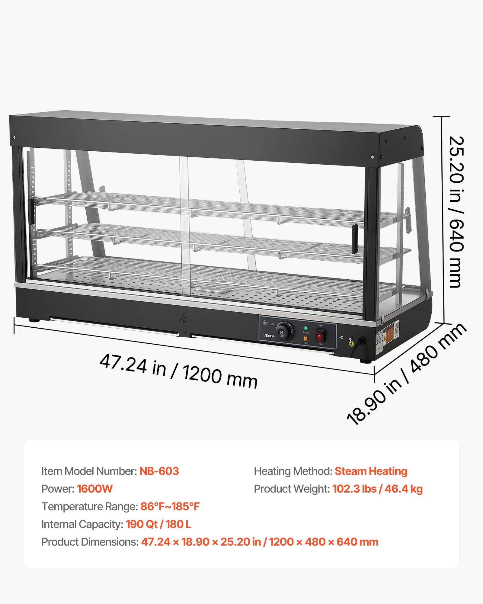 VEVOR 3-poziomowa witryna grzewcza 180 l, 1600 W, witryna grzewcza 30–85 °C, podgrzewacz do żywności z oświetleniem LED i regulowanymi półkami, witryna do prezentacji hamburgerów, pizzy, pieczywa, pieczonego kurczaka