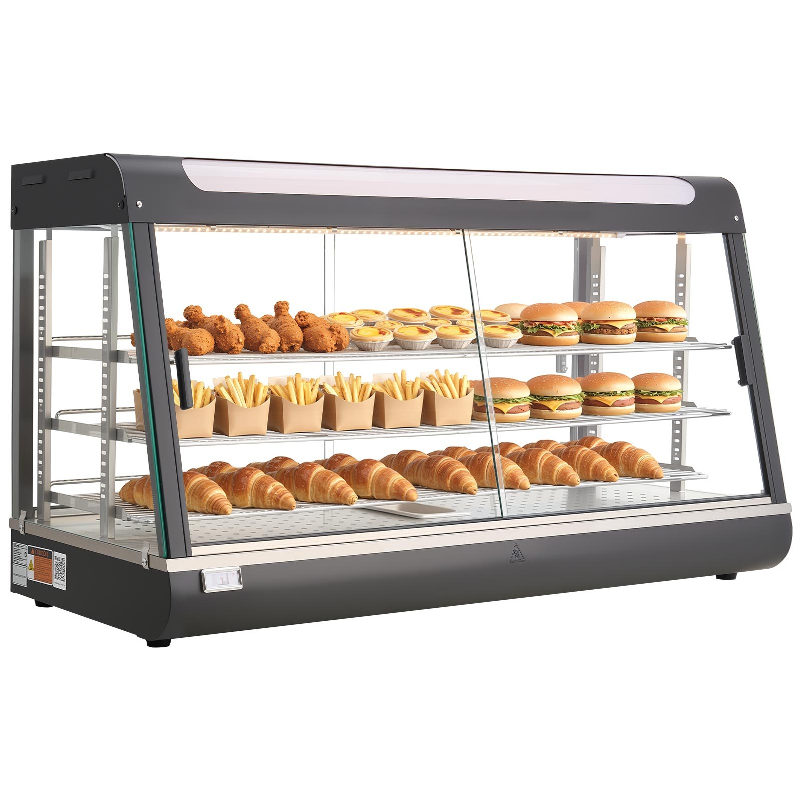 VEVOR 3-poziomowa witryna grzewcza 180 l, 1600 W, witryna grzewcza 30–85 °C, podgrzewacz do żywności z oświetleniem LED i regulowanymi półkami, witryna do prezentacji hamburgerów, pizzy, pieczywa, pieczonego kurczaka