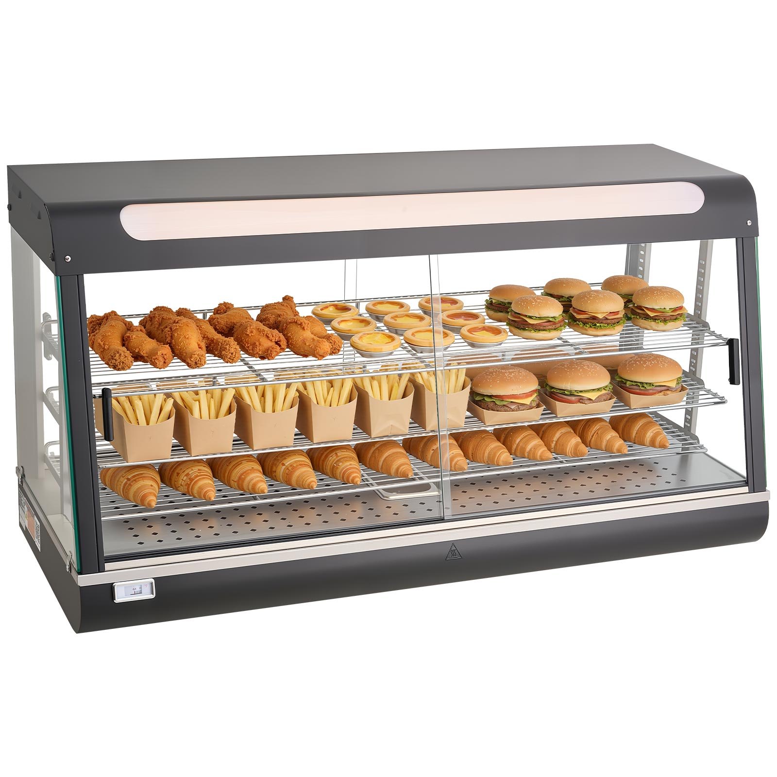 VEVOR 3-poziomowa witryna grzewcza 180 l, 1600 W, witryna grzewcza 30–85 °C, podgrzewacz do żywności z oświetleniem LED i regulowanymi półkami, witryna do prezentacji hamburgerów, pizzy, pieczywa, pieczonego kurczaka