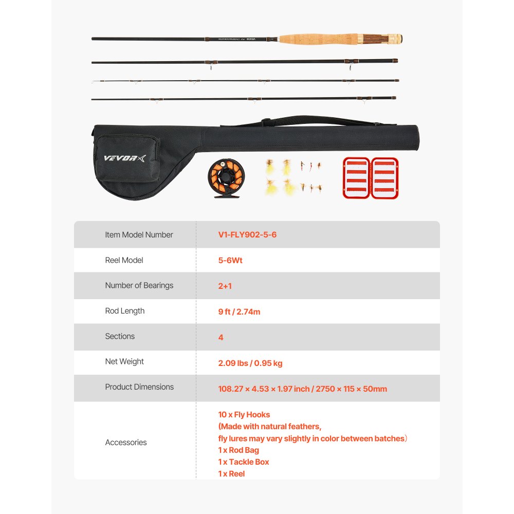 VEVOR Fly Fishing Combo Kit, IM7 Carbon Fly Fishing Rod and Reel Combo, Starter Fly Rod and Reel Outfit with Rod Bag, Tackle Box, 6 Short-Tail & 4 Long-Tail Fly Hooks, for Travel, Holiday Choice