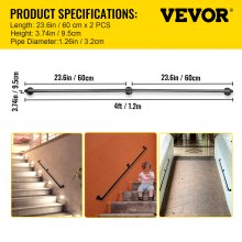 VEVOR Poręcze schodowe Balustrady schodowe 120 cm Retro poręcz wodociągowa Poręcz przemysłowa 200 kg nośność