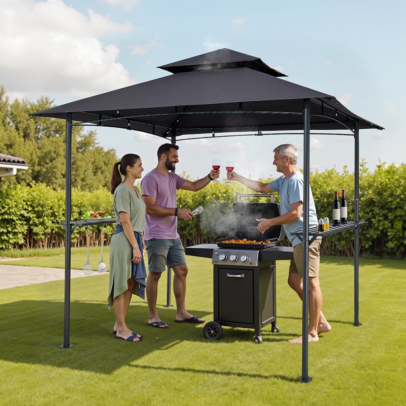 Altana grillowa VEVOR, 2430x1500x500 mm, zadaszenie do grilla zewnętrznego, 2-piętrowa altana grillowa, altana ogrodowa z podwójnym dachem dla 2-4 osób, idealna na patio, podwórko i do ogrodu