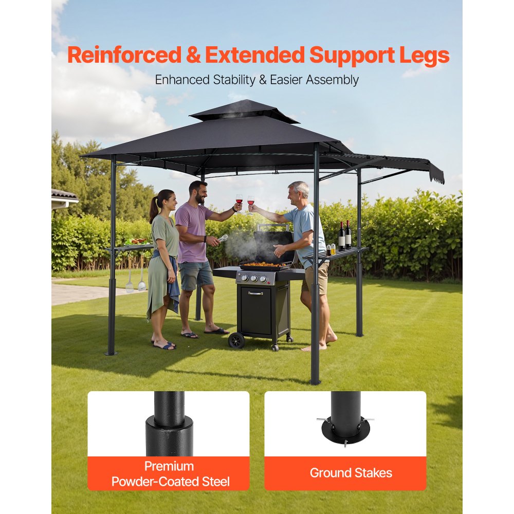 VEVOR Grill Gazebo, 2.43 x 1.5 m Double-Tiered Top, Reinforced BBQ Gazebo with Extra Awning, Powder-Coated Steel Patio Grill Shelter with 2 Side Shelves & Hooks, Outdoor Grilling Canopy for Garden