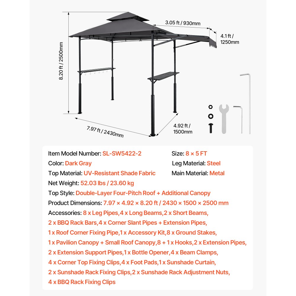 VEVOR Grill Gazebo, 2.43 x 1.5 m Double-Tiered Top, Reinforced BBQ Gazebo with Extra Awning, Powder-Coated Steel Patio Grill Shelter with 2 Side Shelves & Hooks, Outdoor Grilling Canopy for Garden