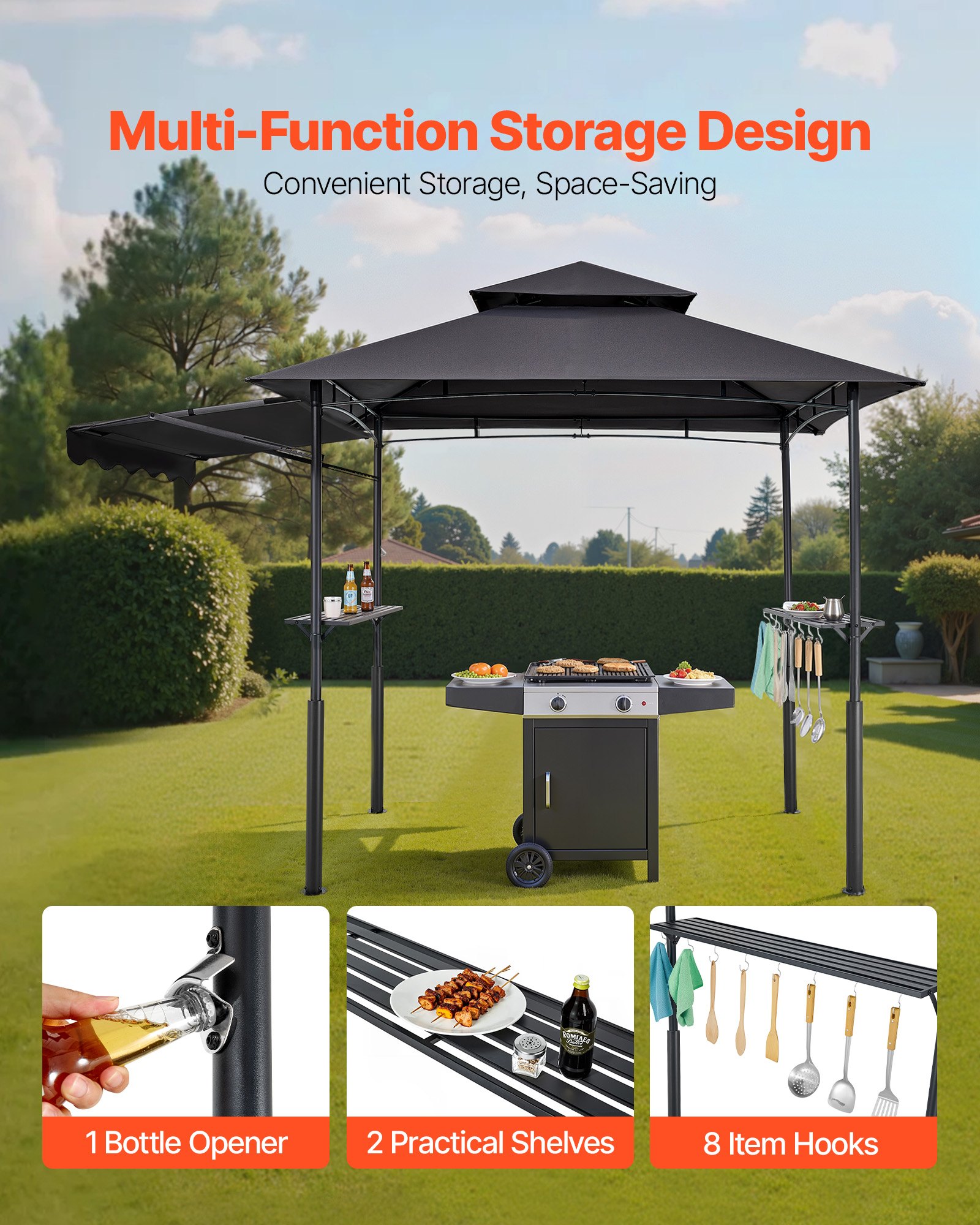 Altana ogrodowa VEVOR BBQ, 2430x1500x500 mm, zadaszenie grilla, 2-poziomowa altana BBQ, podwójny dach, wzmocnione nogi podporowe i markiza, na patio, do ogrodu i na podwórko