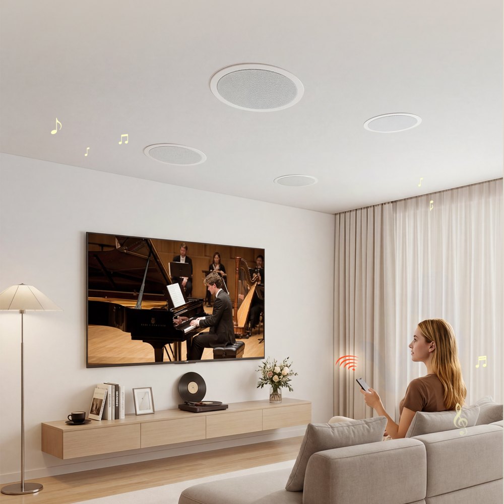 Głośniki sufitowe VEVOR 4 Bluetooth 165,1 mm, dwudrożne, ze wzmacniaczem i mocą szczytową 150 W, przewodowe głośniki sufitowe do kina domowego, na zadaszony taras i do montażu podtynkowego