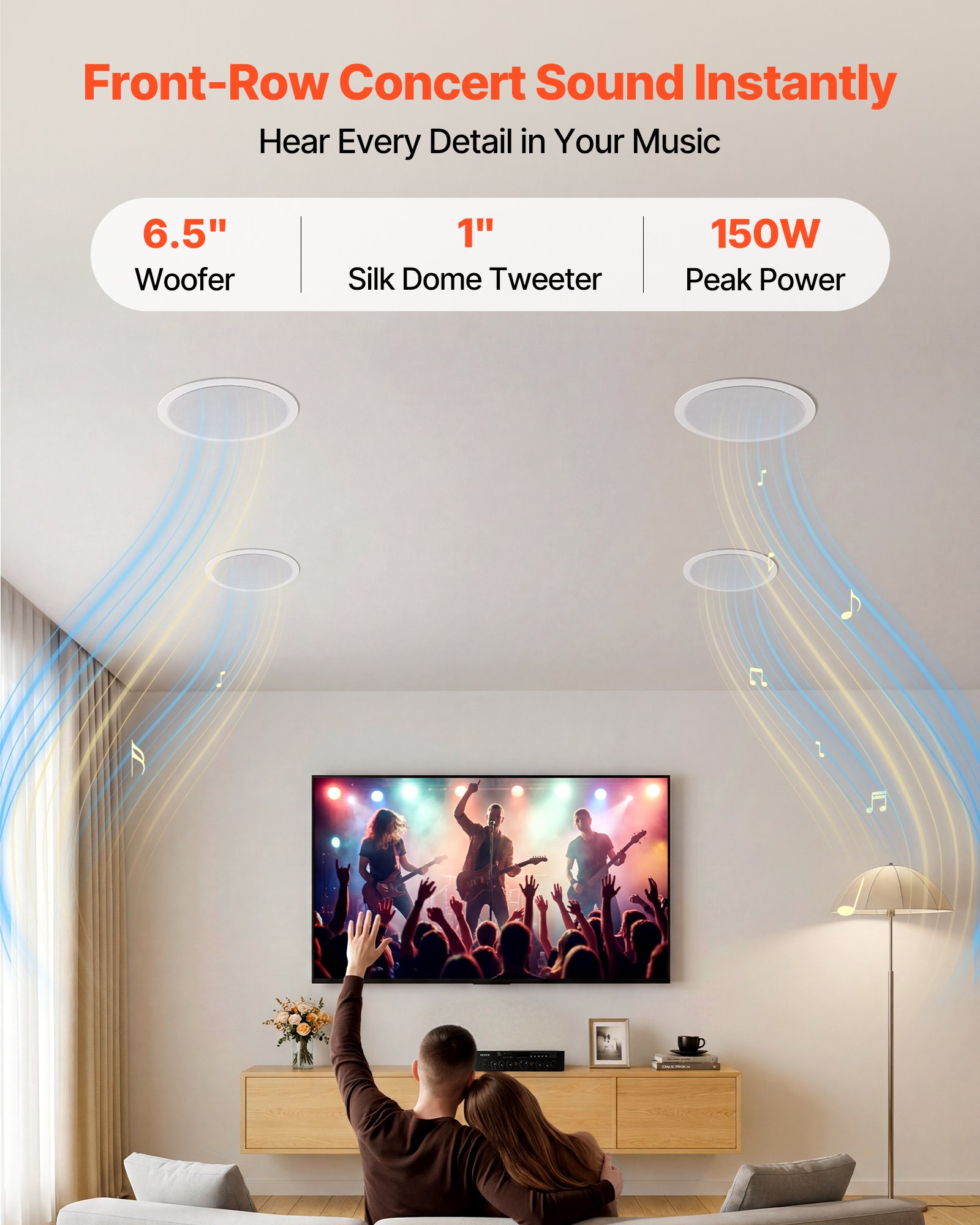 Głośniki sufitowe VEVOR 4 Bluetooth 165,1 mm, dwudrożne, ze wzmacniaczem i mocą szczytową 150 W, przewodowe głośniki sufitowe do kina domowego, na zadaszony taras i do montażu podtynkowego