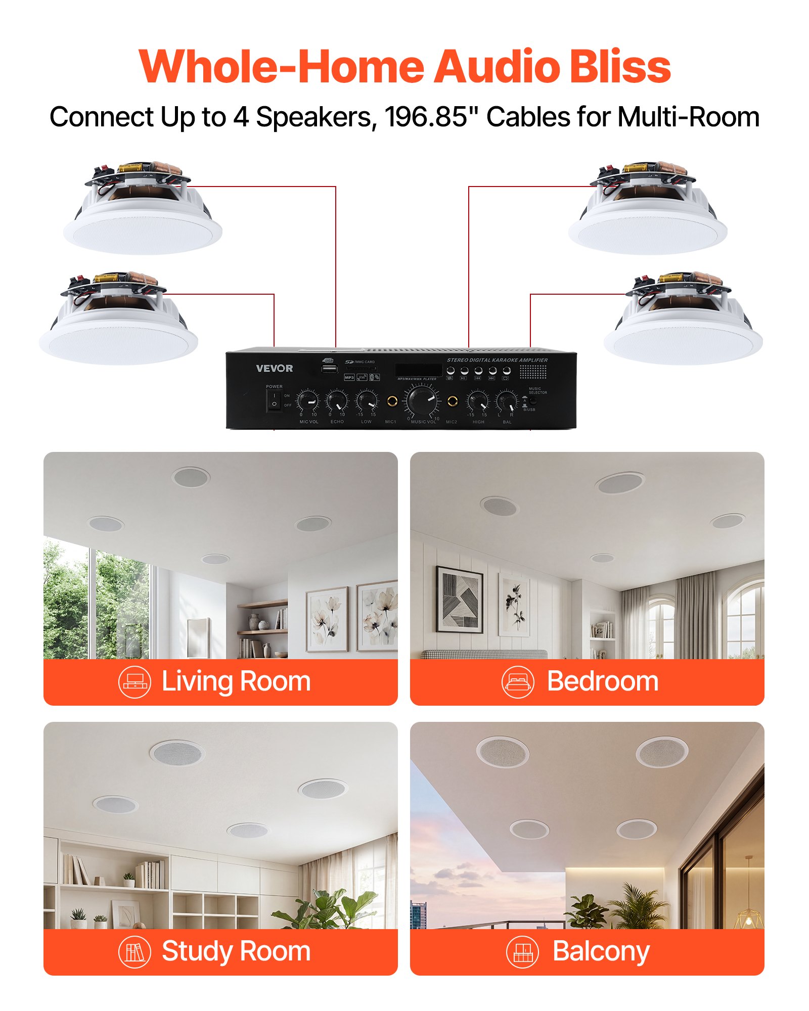 Głośniki sufitowe VEVOR 4 Bluetooth 165,1 mm, dwudrożne, ze wzmacniaczem i mocą szczytową 150 W, przewodowe głośniki sufitowe do kina domowego, na zadaszony taras i do montażu podtynkowego