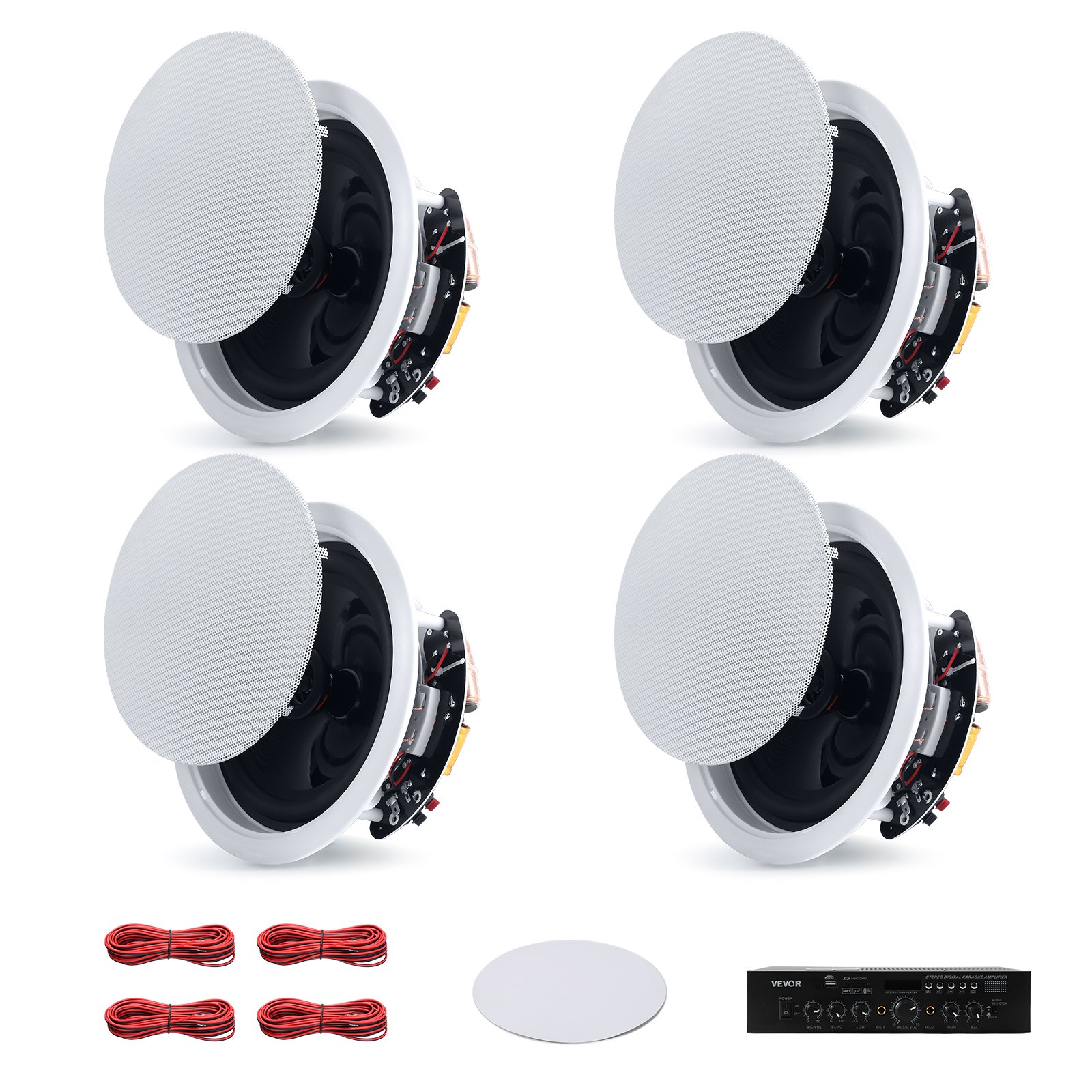 Głośniki sufitowe VEVOR 4 Bluetooth 165,1 mm, dwudrożne, ze wzmacniaczem i mocą szczytową 150 W, przewodowe głośniki sufitowe do kina domowego, na zadaszony taras i do montażu podtynkowego