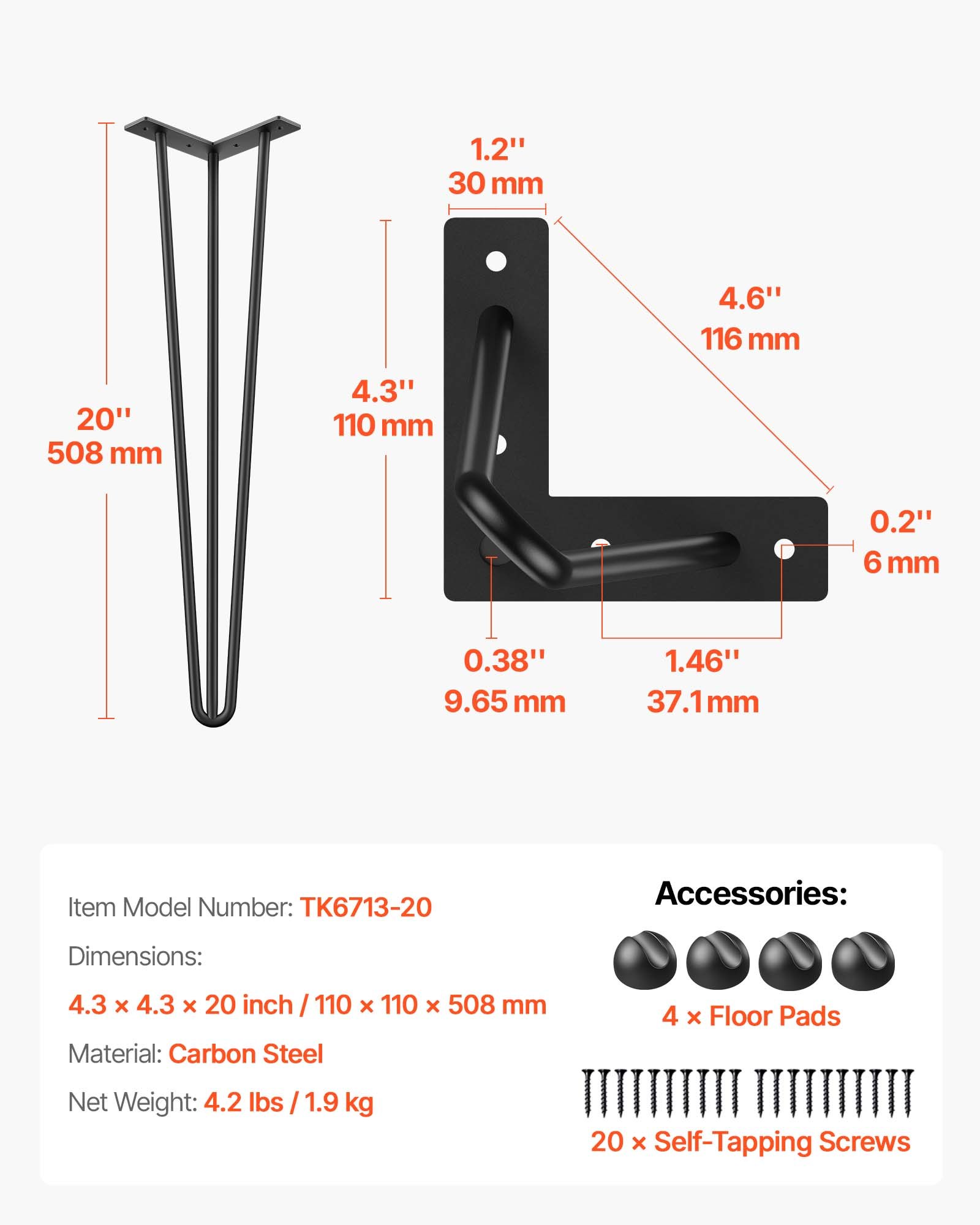VEVOR 20 cali 50,8 cm Nogi meblowe do stołu z szpilką, regulowane, wymienne, DIY, nogi do stołu z 3 słupkami, nogi do stołu z metalu w kolorze czarnym, 4 sztuki, nogi ze stali węglowej z 4 gumowymi stopkami podłogowymi