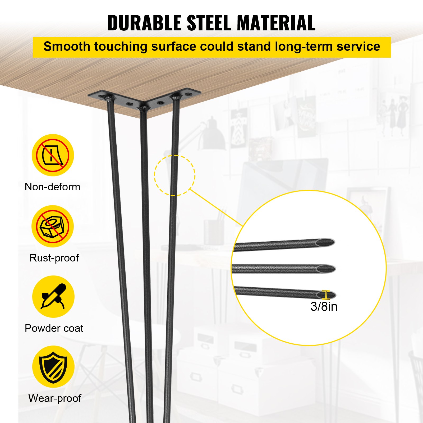 Noga stołu VEVOR w kształcie szpilki 24 cale 61 cm, regulowane, wymienne nóżki meblowe DIY, metalowe nogi stołowe w kolorze czarnym, 4 sztuki, z 4 gumowymi stopkami podłogowymi, nogi stołu w kształcie szpilki 3 słupki, noga w kształcie szpilki ze stali węglowej