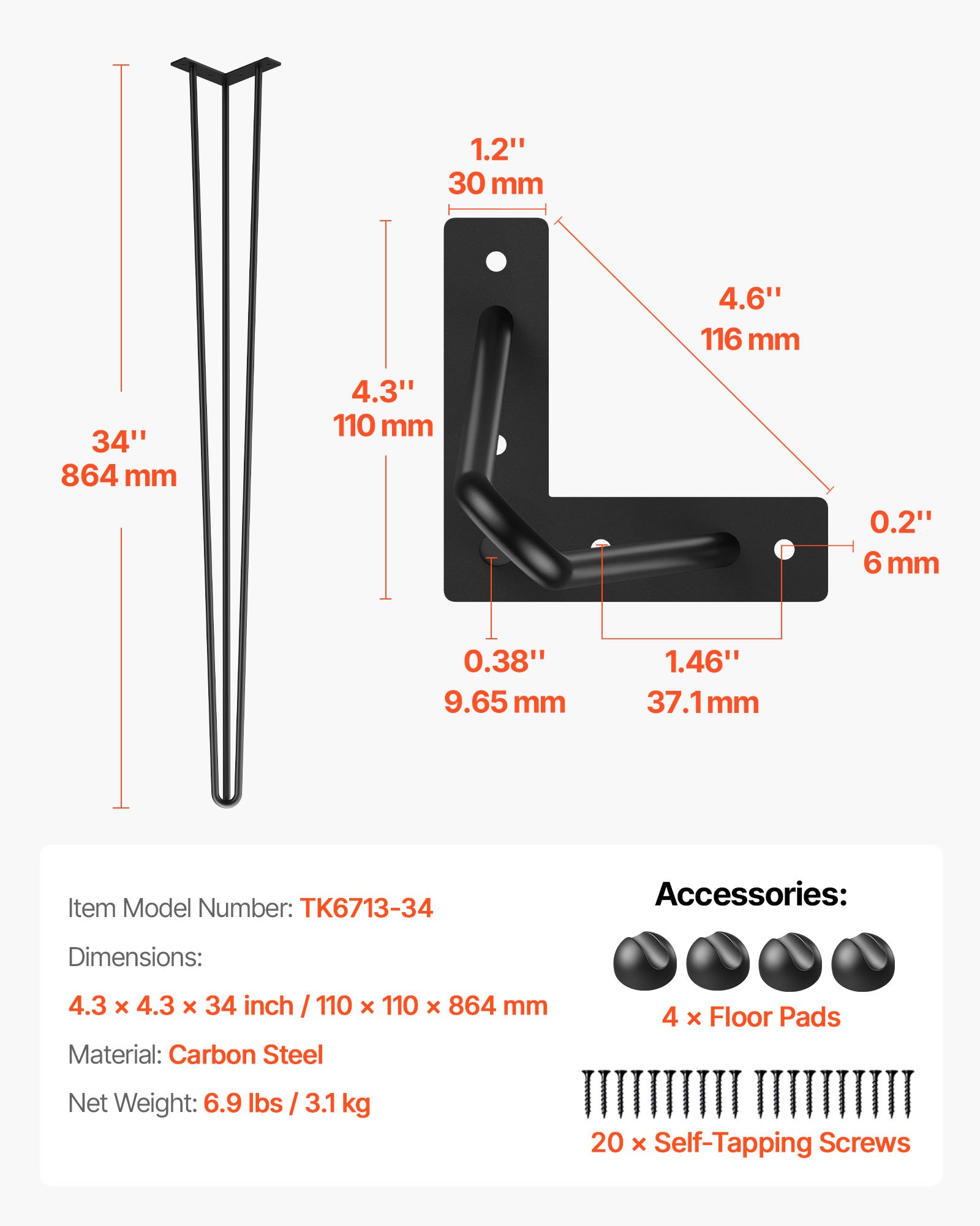 VEVOR Noga stołu w kształcie spinki 34 cale 86,3 cm, Nogi stołu metalowe czarne 4 sztuki, Nogi stołu w kształcie spinki 3 słupki, Noga w kształcie spinki ze stali węglowej z 4 gumowymi stopkami podłogowymi, Regulowane wymienne nóżki meblowe DIY