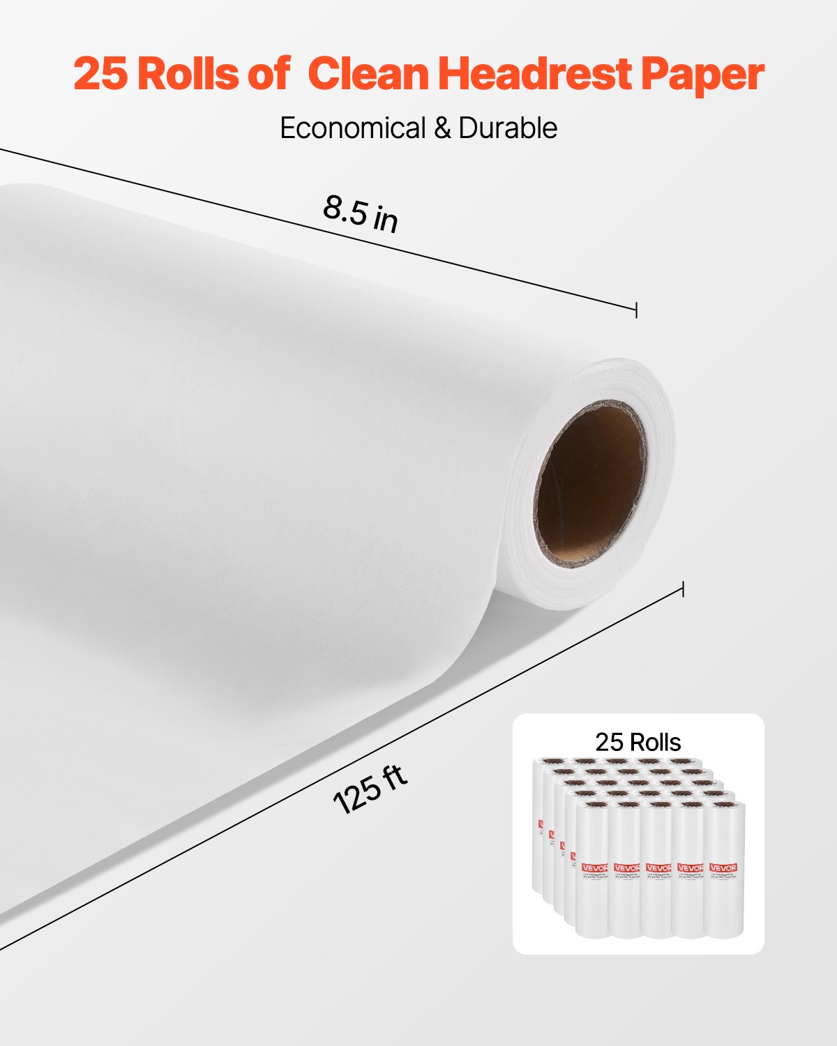 VEVOR Jednorazowe poduszki na twarz i pokrowce na stoły do ​​masażu, 25 opakowań, 216 mm x 38,1 m, z krepy, papierem do zagłówków, idealne do stołów do masażu, badań i chiropraktyki, białe