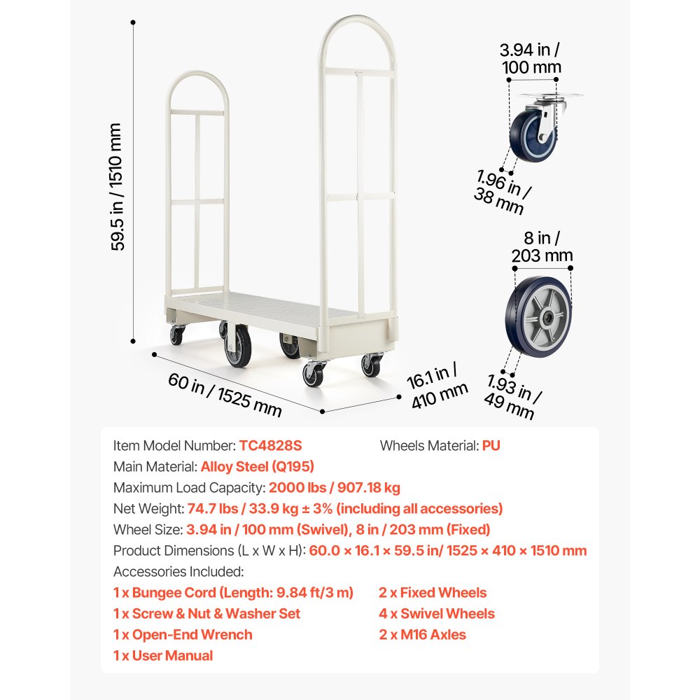 Wózek platformowy VEVOR 907 kg, wózek transportowy o dużej wytrzymałości, przemysłowy wózek magazynowy z 6 kołami i dwoma zdejmowanymi uchwytami, do magazynów, warsztatów, fabryk, 1525 x 410 x 1510 mm