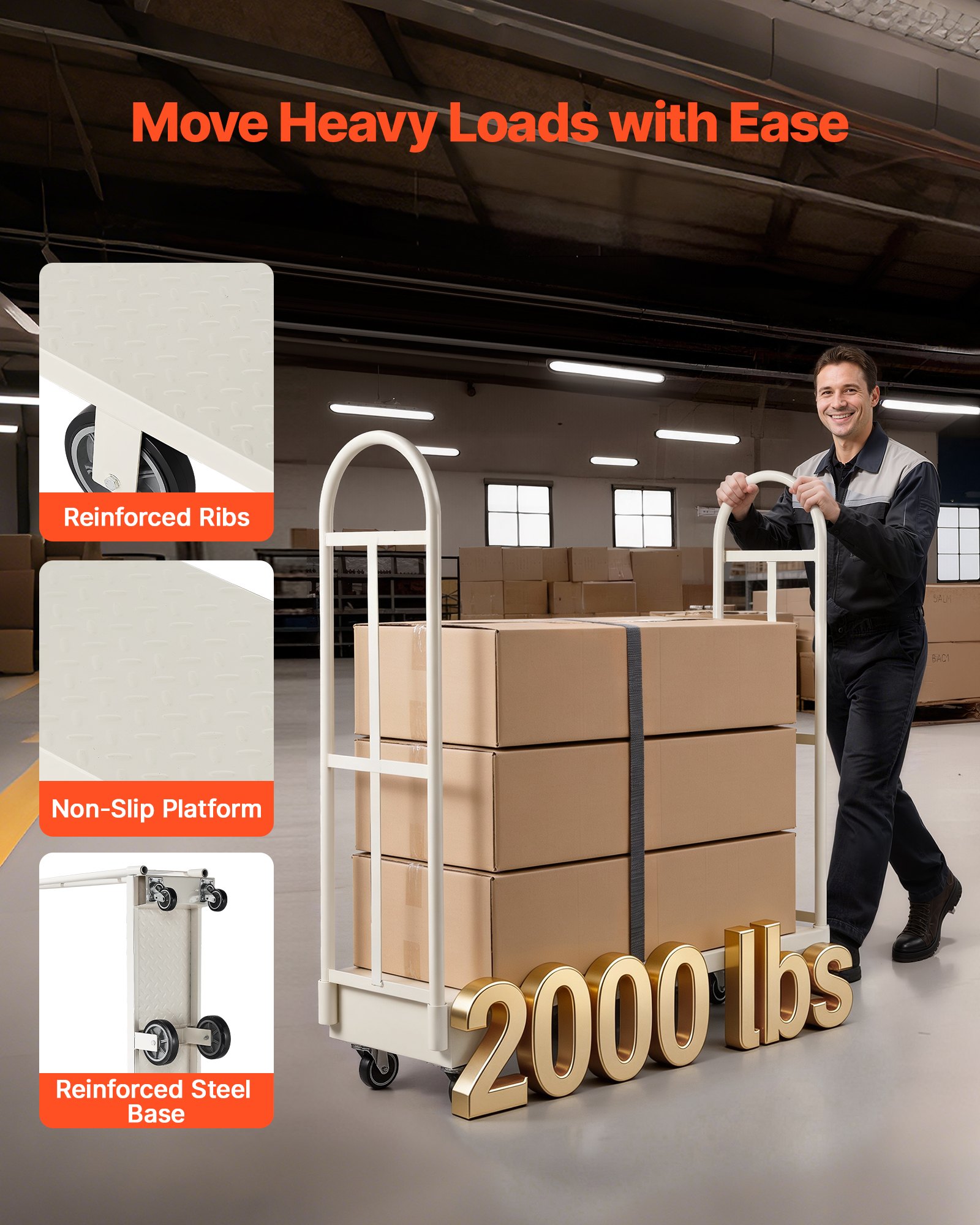Wózek platformowy VEVOR 907 kg, wózek transportowy o dużej wytrzymałości, przemysłowy wózek magazynowy z 6 kołami i dwoma zdejmowanymi uchwytami, do magazynów, warsztatów, fabryk, 1525 x 410 x 1510 mm