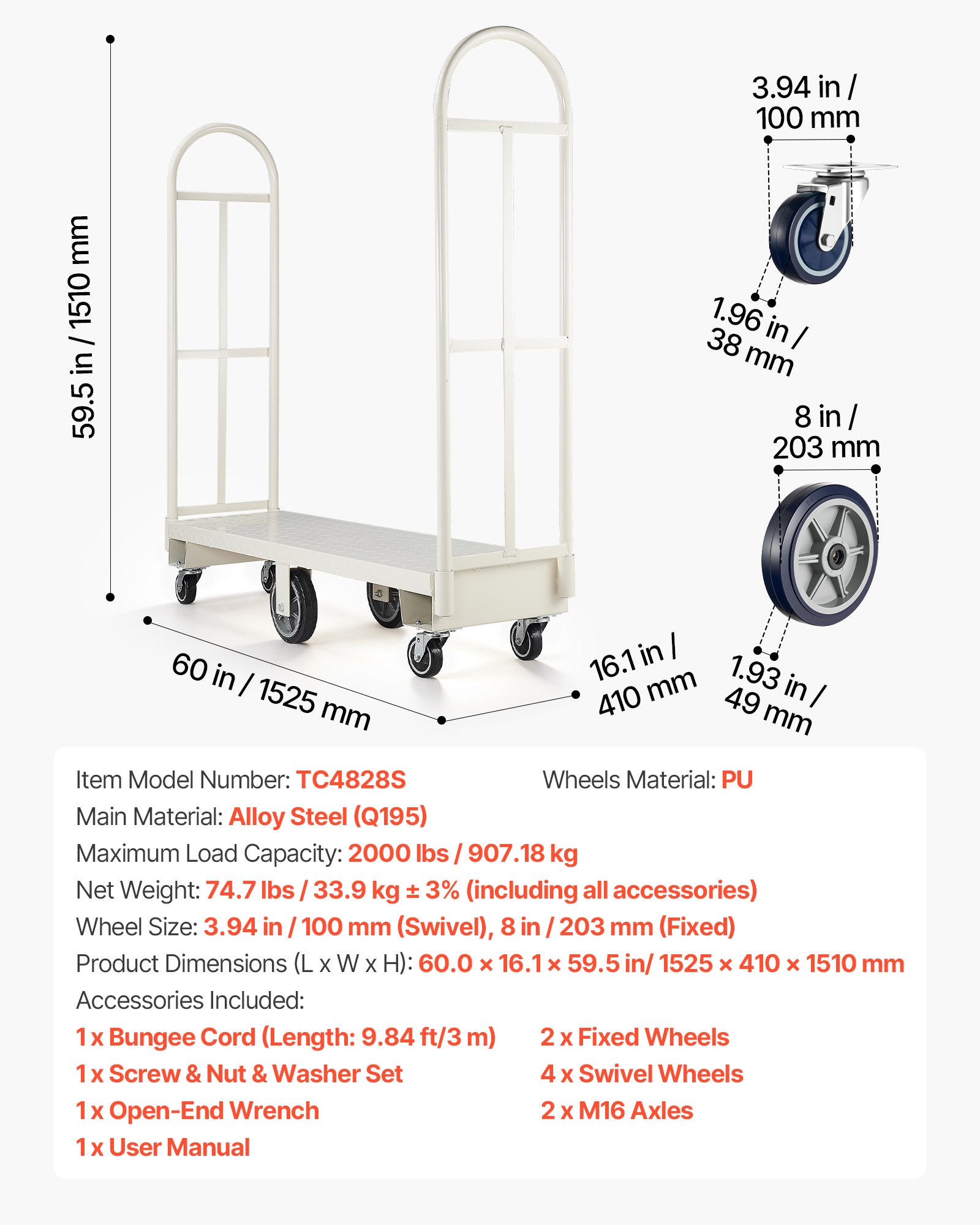Wózek platformowy VEVOR 907 kg, wózek transportowy o dużej wytrzymałości, przemysłowy wózek magazynowy z 6 kołami i dwoma zdejmowanymi uchwytami, do magazynów, warsztatów, fabryk, 1525 x 410 x 1510 mm