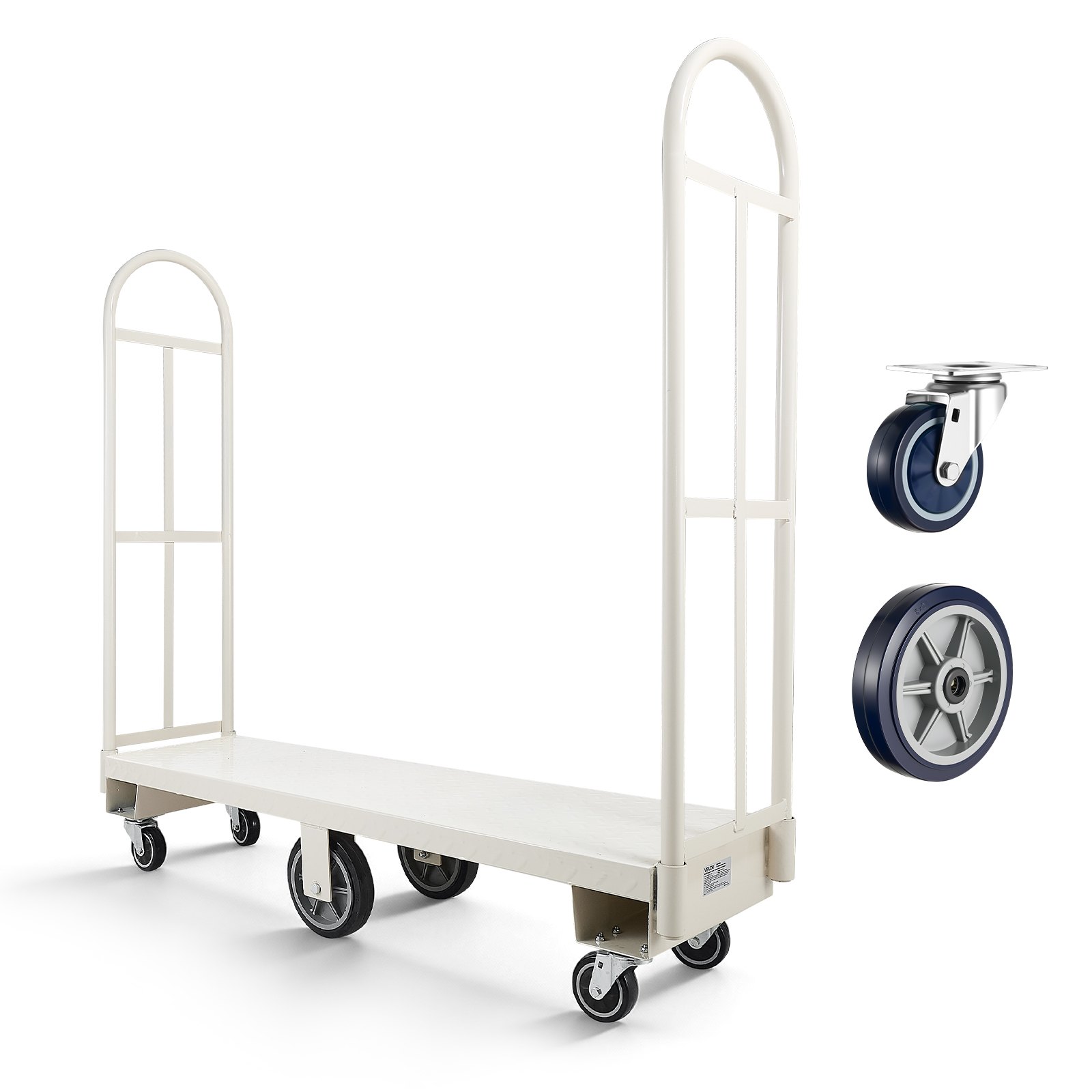 Wózek platformowy VEVOR 907 kg, wózek transportowy o dużej wytrzymałości, przemysłowy wózek magazynowy z 6 kołami i dwoma zdejmowanymi uchwytami, do magazynów, warsztatów, fabryk, 1525 x 410 x 1510 mm