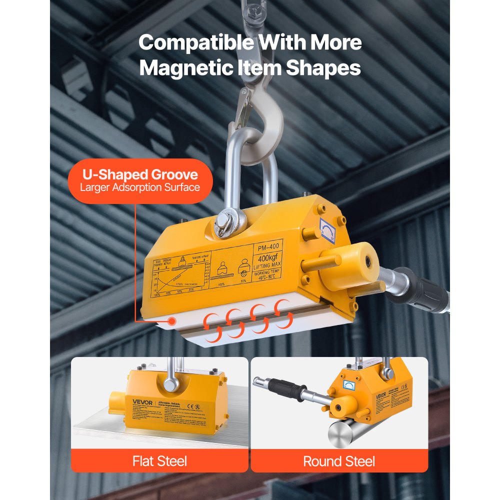 VEVOR Permanent Magnetic Lifter, 400 kg Pulling Capacity, Heavy Duty N42 Neodymium Lifting Magnet with Release Handle and Steel Hook, Used in Shop Crane and Hoist, for Lifting Plate Steel, Board