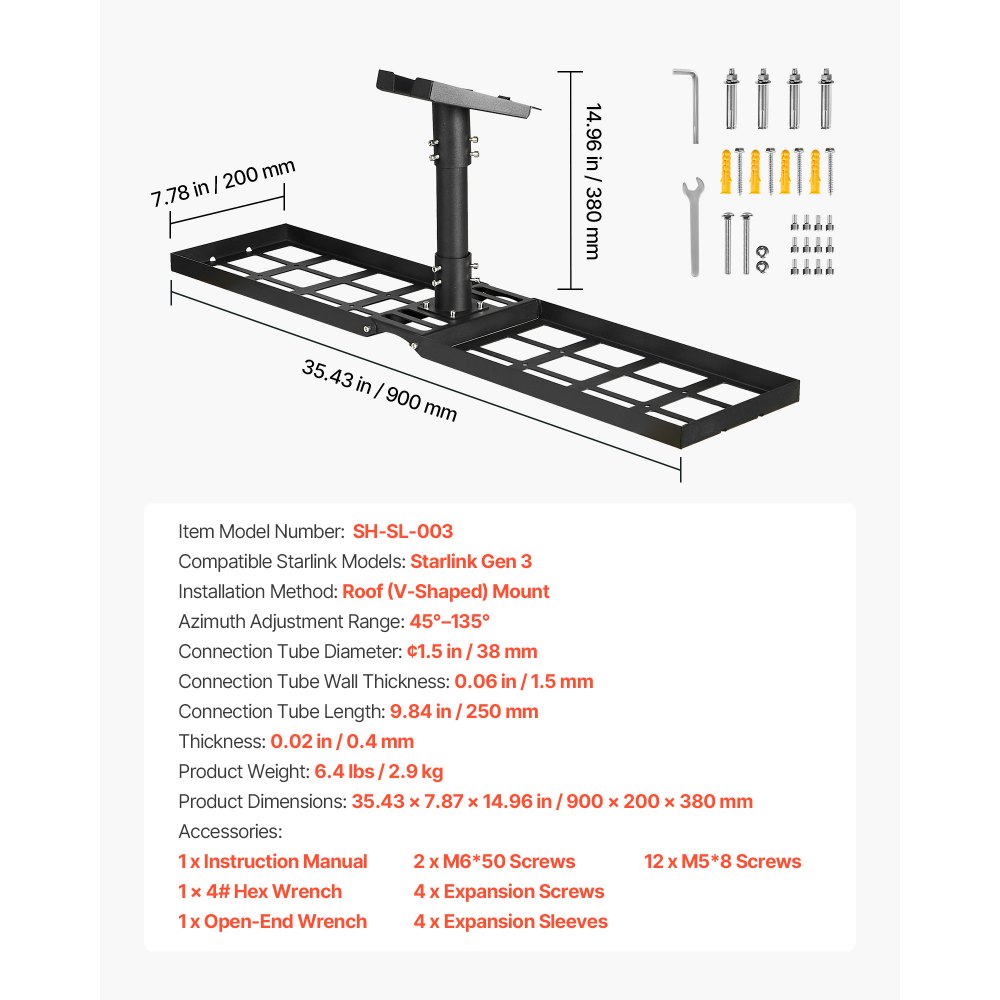 Uchwyt VEVOR Starlink Gen 3, 900x200x380 mm, regulowany uchwyt dachowy 45°-135°, z zestawem akcesoriów montażowych, wytrzymały adapter stalowy, rura łącząca 250 mm, kompatybilny z Gen 3 i V3, czarny