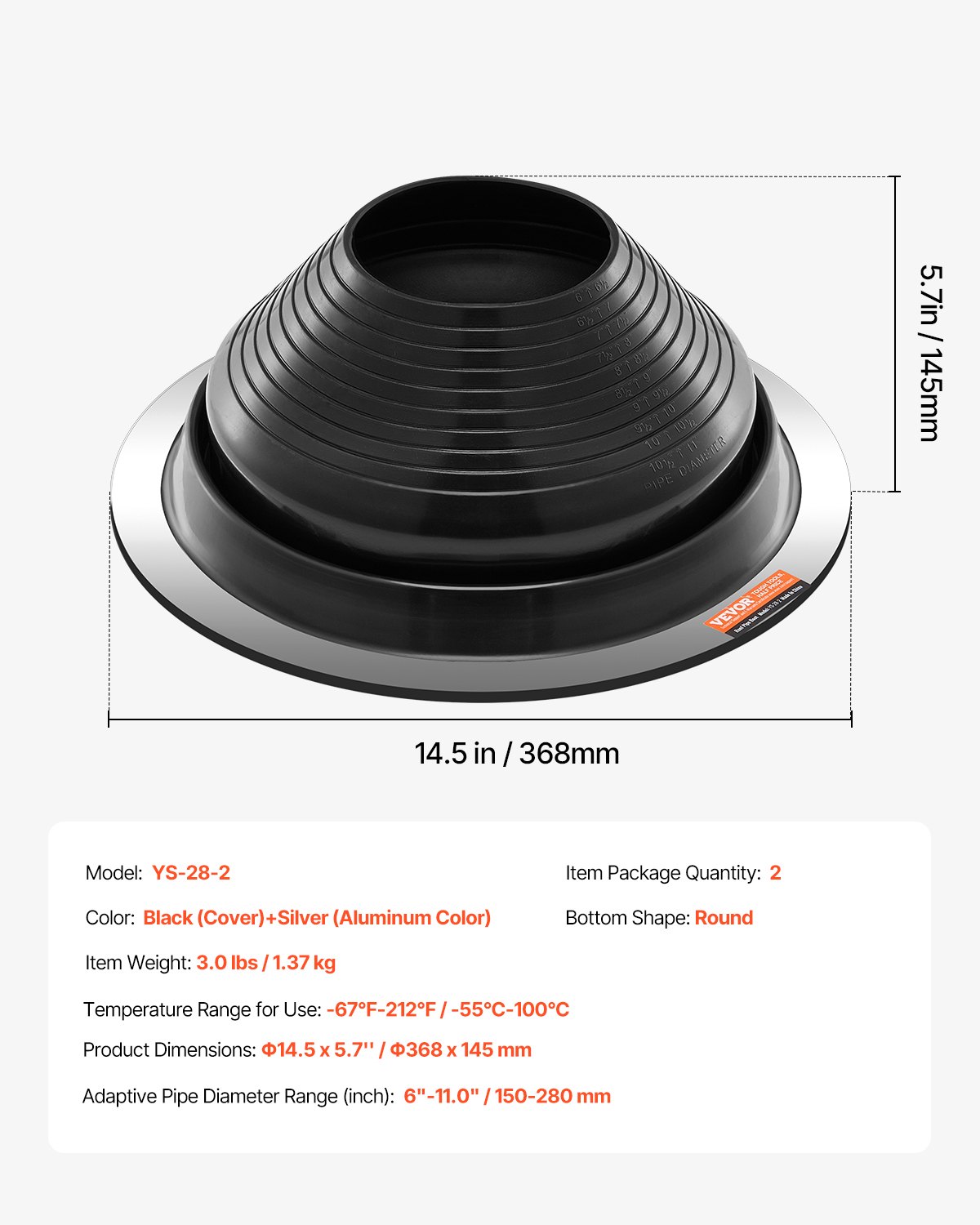 VEVOR 2-piece pipe collar set, suitable for pipe outer diameters from 150 to 280 mm, EPDM roof penetration, roof sealing flange -55 to 100℃, for chimneys, wood stoves and external ventilation pipes