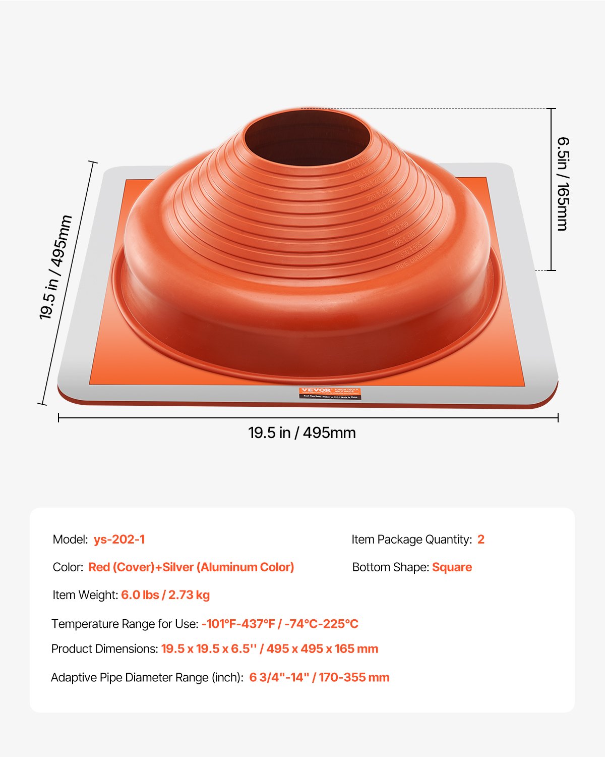 VEVOR 2 szt. tuleja rurowa, pasuje do rur o średnicy zewnętrznej 170-355 mm, silikonowa przepustka dachowa, kołnierz uszczelniający dach -74°C-225°C, metalowa podstawa, do kominów, pieców opalanych drewnem i rur odpowietrzających na zewnątrz