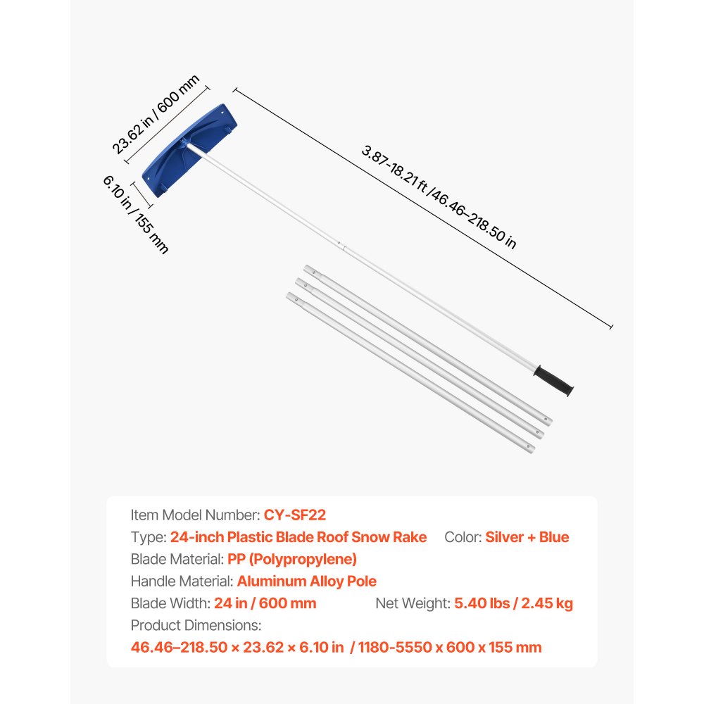 VEVOR łopata do odśnieżania dachów, 60 cm, PP, 118-555 mm, regulowana łopata do śniegu z kółkami, narzędzie do usuwania śniegu z uchwytem antypoślizgowym, łopata do usuwania liści i śniegu z dachów domów