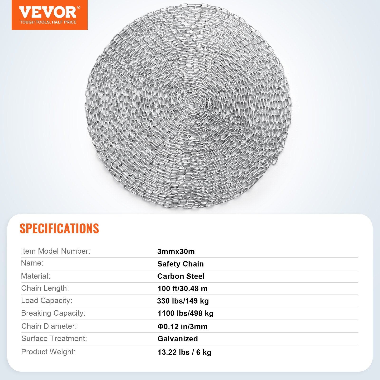 Łańcuch spiralny VEVOR Proof, 1/8" x 100', bezpieczne obciążenie robocze 330 funtów, ocynkowany łańcuch spiralny Proof z dwoma szybkimi ogniwami, ocynkowany łańcuch ogniwowy ze stali węglowej do holowania, wieszania, kempingowania, holowania zwierząt