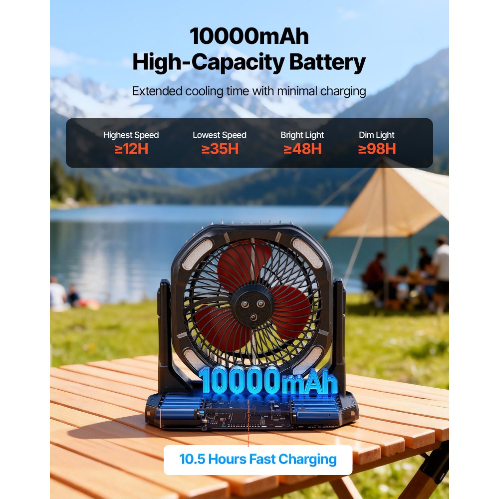 Wentylator kempingowy VEVOR, silnik 2700 obr./min, wentylator zraszający, wentylator zraszający ze zbiornikiem na wodę 9 l, akumulator 10000 mAh, 4 prędkości wiatru i 5 trybów oświetlenia, przenośny wentylator stojący na kemping, wędkowanie i podróże
