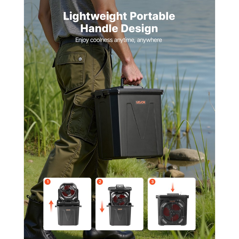 Wentylator kempingowy VEVOR, silnik 2700 obr./min, wentylator zraszający, wentylator zraszający ze zbiornikiem na wodę 9 l, akumulator 10000 mAh, 4 prędkości wiatru i 5 trybów oświetlenia, przenośny wentylator stojący na kemping, wędkowanie i podróże